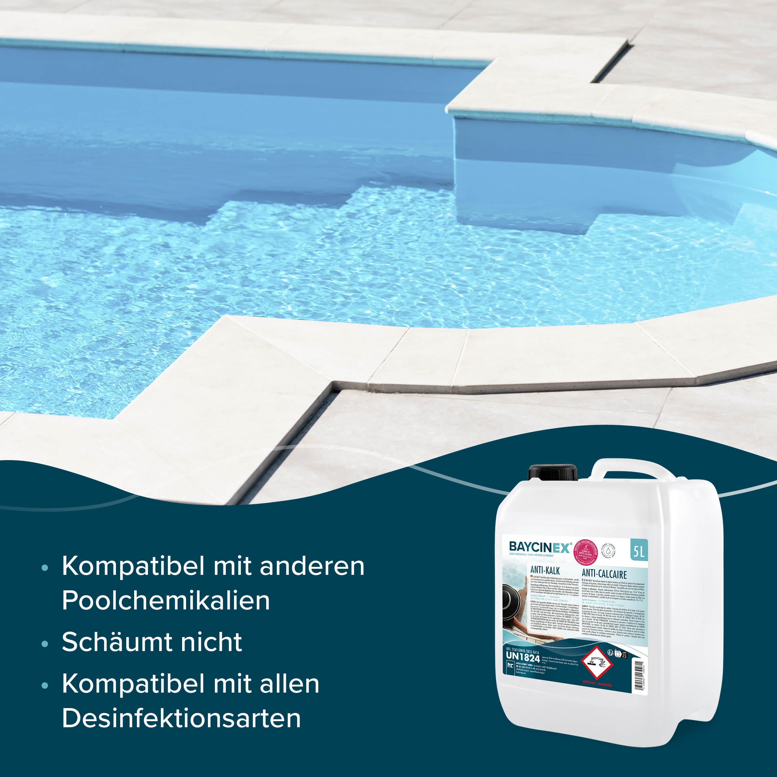 BAYCINEX Anti-Kalk Pool 5 L – Starker Pool Entkalker gegen Kalkablagerungen – Für Poolboden, Wände & Technik – Entfernt Kalk im gefüllten Pool – Kompatibel mit Allen Filtersystemen