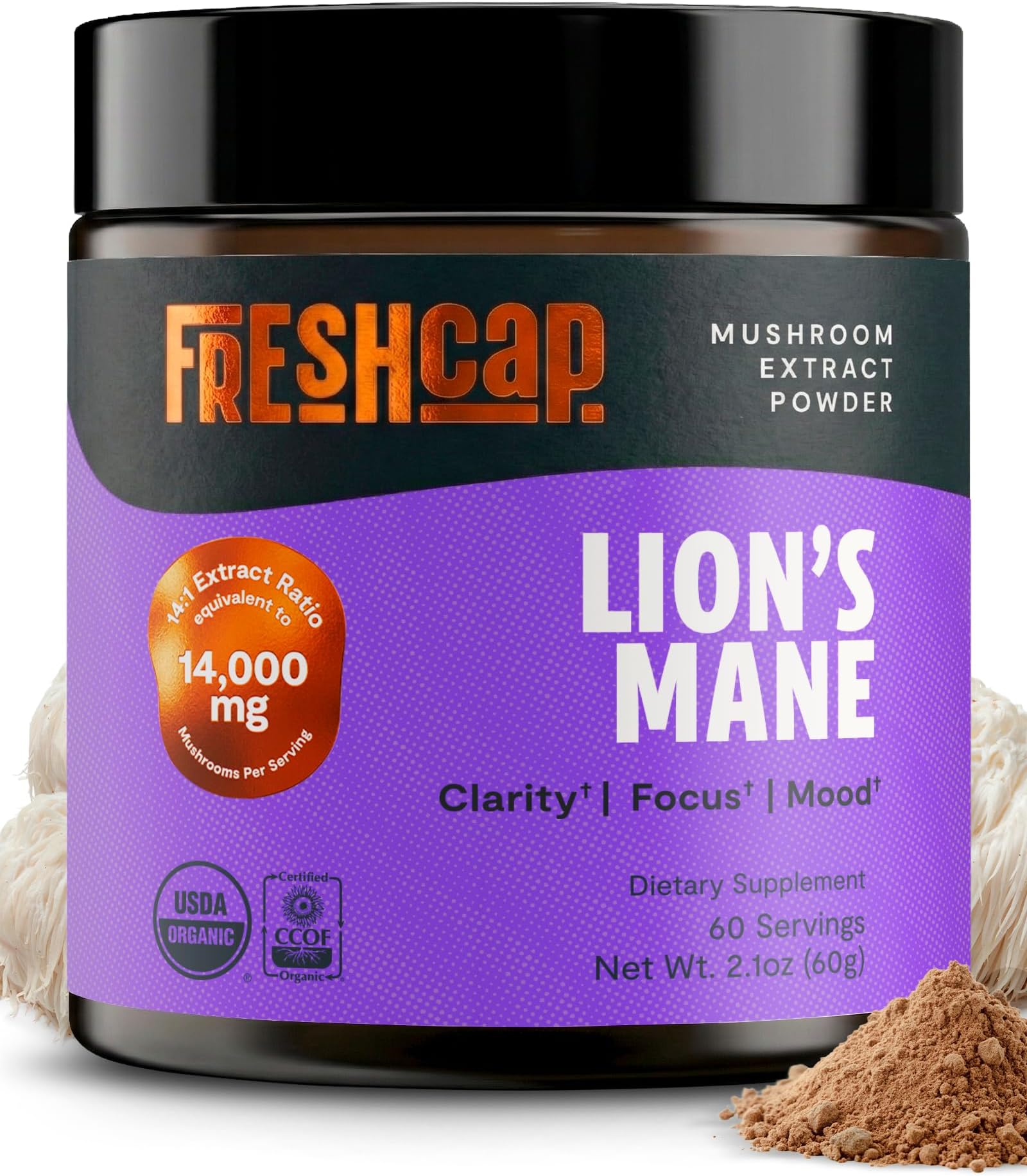 FreshCap Mushrooms Premium Organic Lions Mane Powder - 14:1 Fruiting Body Extract with 31% Beta-Glucans - 3rd-Party Tested Nootropic for Clarity, Focus & Cognitive Support (60 Servings)
