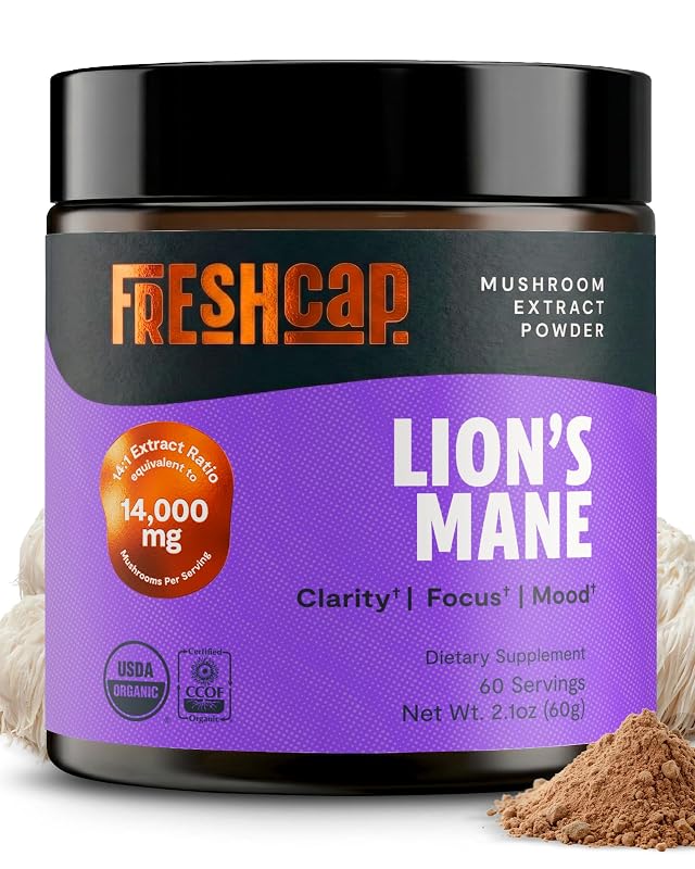 FreshCap Mushrooms Suplemento de Juba-de-leão em pó, extrato 14:1, 31% de beta-glucanas, 60 porções