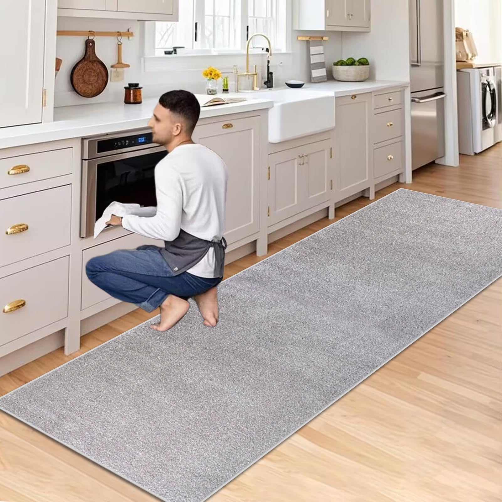 Läufer Teppich Flur Waschbarer Küchenläufer rutschfest Teppichläufer Flur Büro Küchenteppich Fußmatte Lang Eingangsmatte Kurzflor Flurteppich für Eingang Schlafzimmer Wohnzimmer Grau 120 x 430 cm