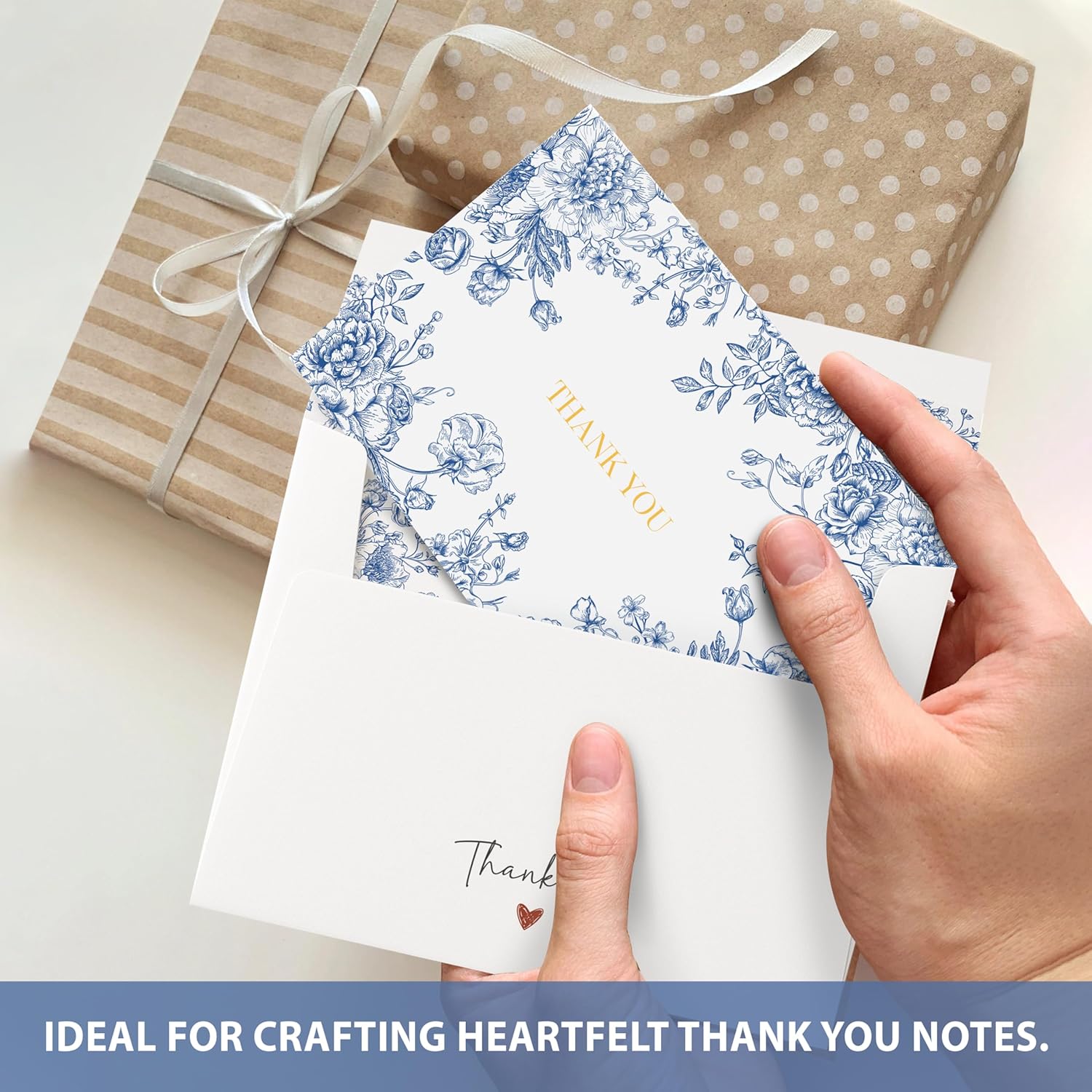 AUDREE 50 Gold Foil Thank You Cards with Envelopes (4x6) - Elegant Blue Floral Thank You Cards with Matching Adhesive Envelopes - Perfect for Wedding, Bridal Showers, Baby Showers, All Occasion - Image 5