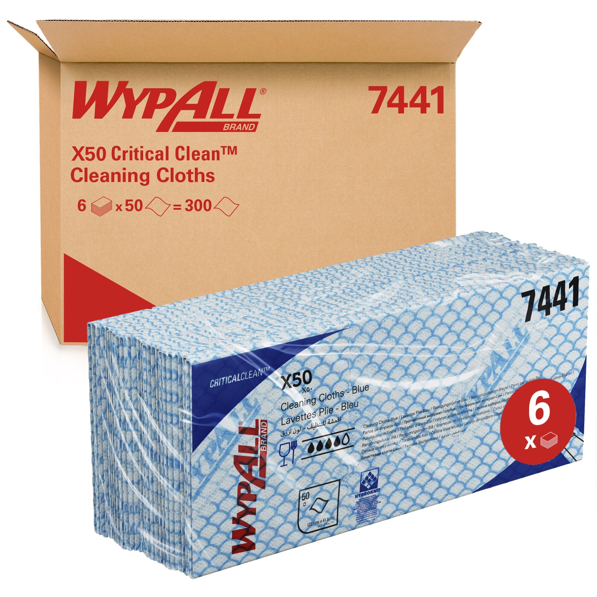 Paños de limpieza con código de color WypAll® X50 Critical Clean™ 7441 - Paños de limpieza azules - 6 paquetes x 50 paños con código de color (300 en total)