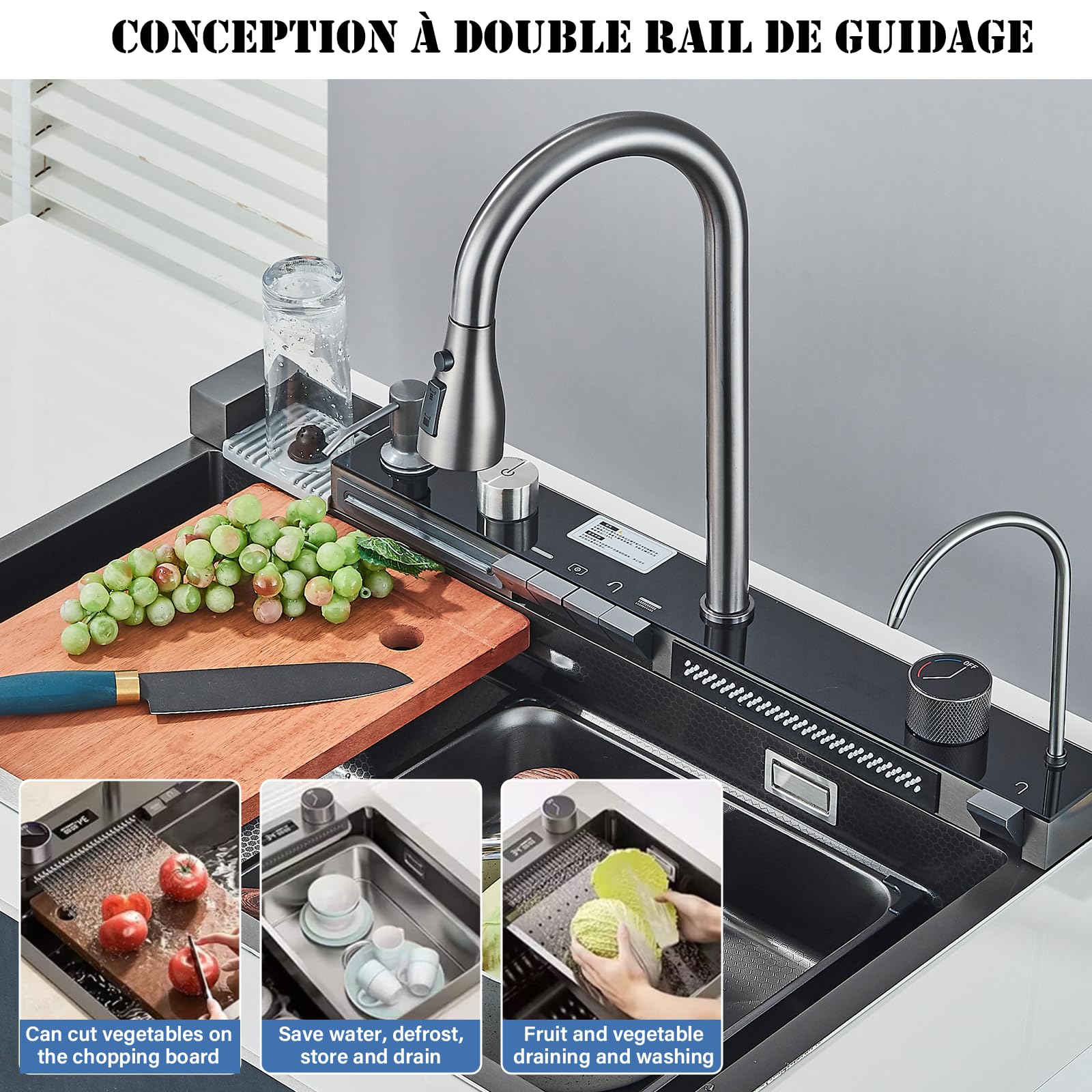 Évier de cuisine en acier inoxydable Évier de cuisine à cascade Évier multifonctionnel à affichage numérique avec nouveau robinet à double mode et accessoires multiples