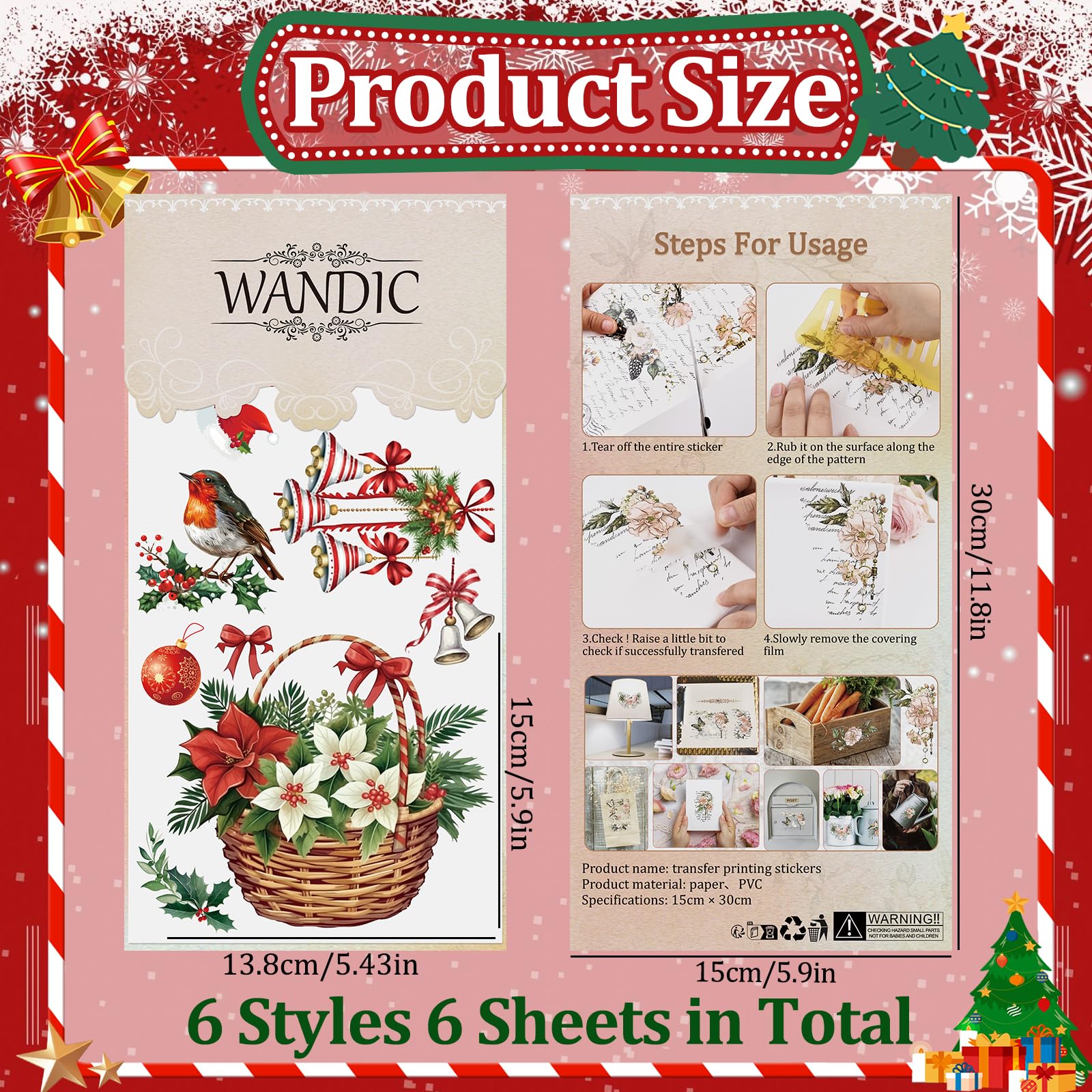 WANDIC 6 Sheets Christmas Rub On Transfer Sticker - Image 2