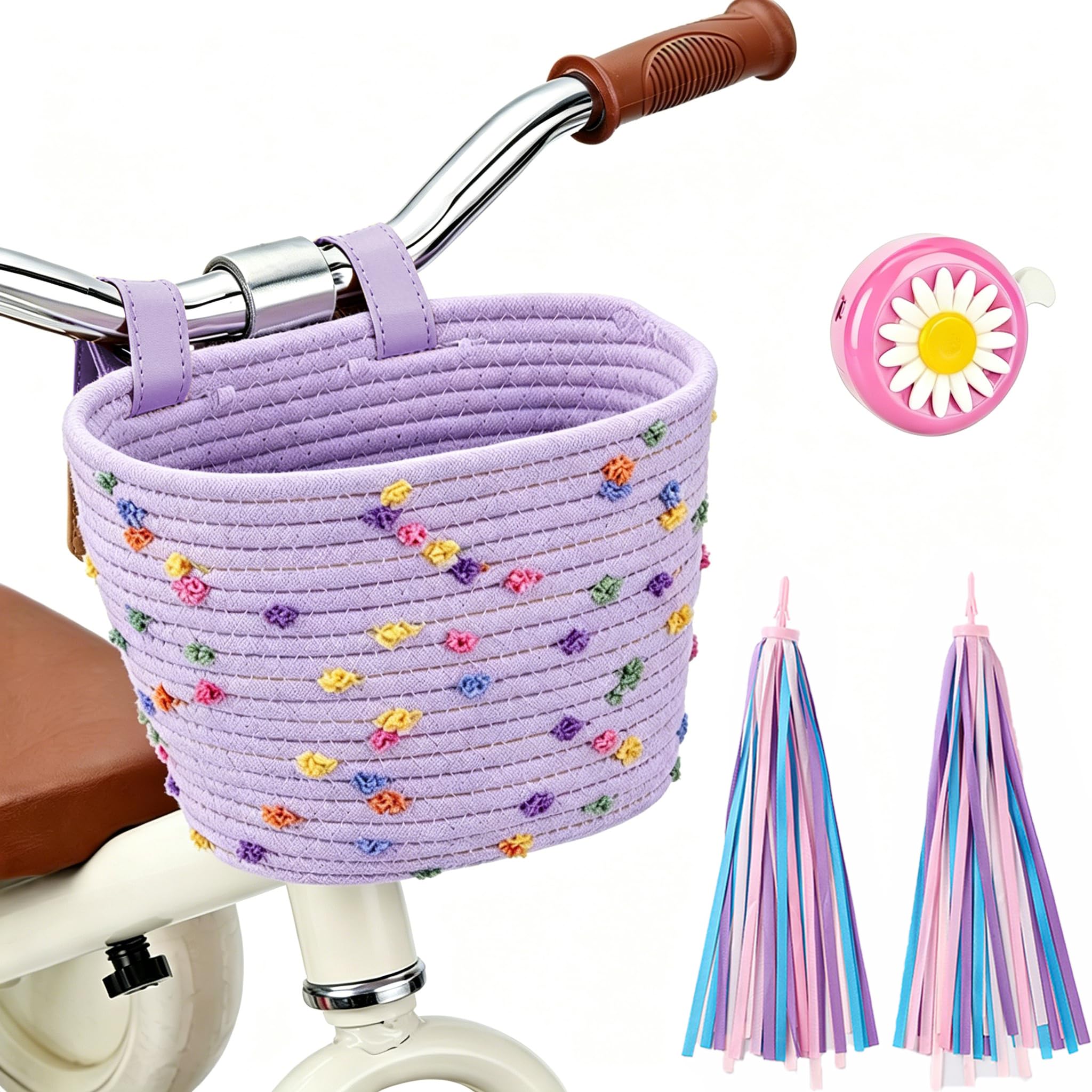 Kiswleon Bike Basket,Cotton Rope Woven Front Bike Basket,Cute Decorative Accessories with Spare Leather Straps,Tassels,Bell for Scooter Bicycle (Purple)
