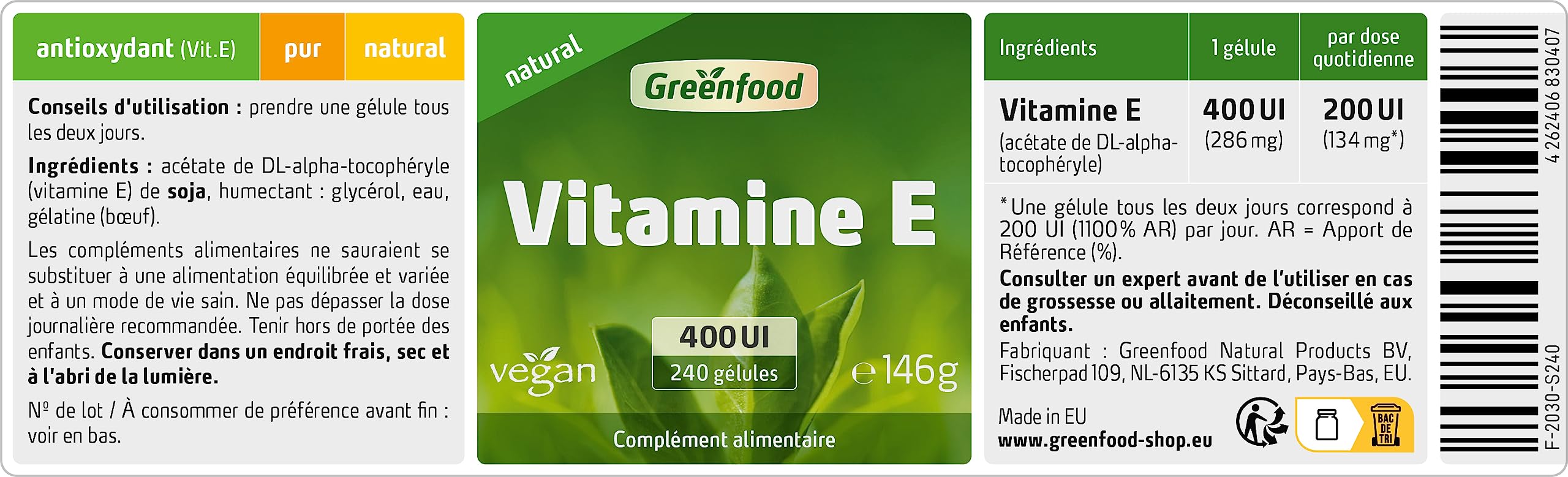 Greenfood Vitamine E, 400 UI, naturelle, 240 gélules - SANS additifs | Complexe de tocophérols, antioxydant, protège les cellules, testé, sans gluten ni lactose, biodisponible.