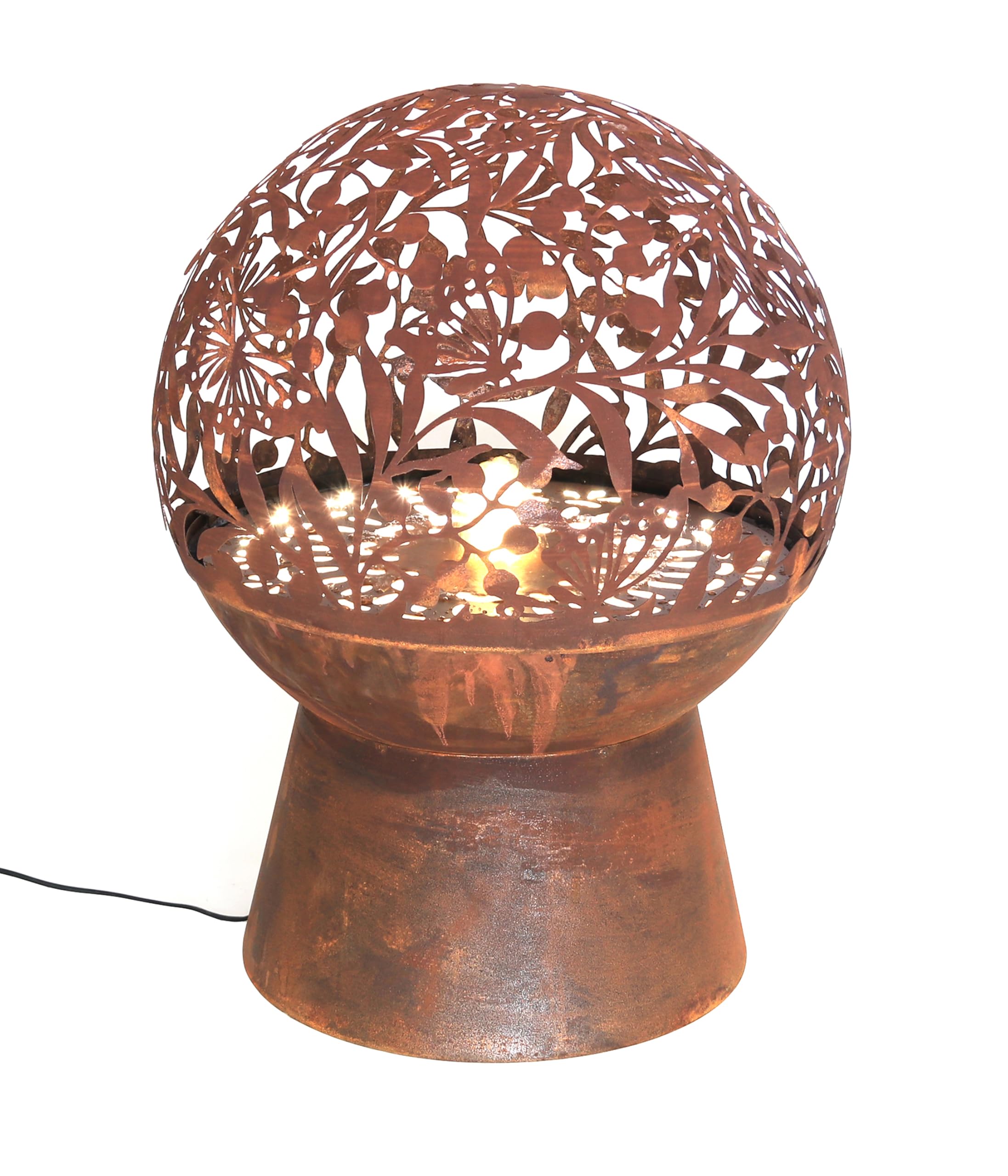 Dehner Gartenbrunnen Floral, frostbeständiger Brunnen für Außen, Komplett-Set mit warmweißer LED Beleuchtung/Pumpe/Trafo, Höhe 66 cm, Ø 50 cm, Cortenstahl, Kupfer-Farben