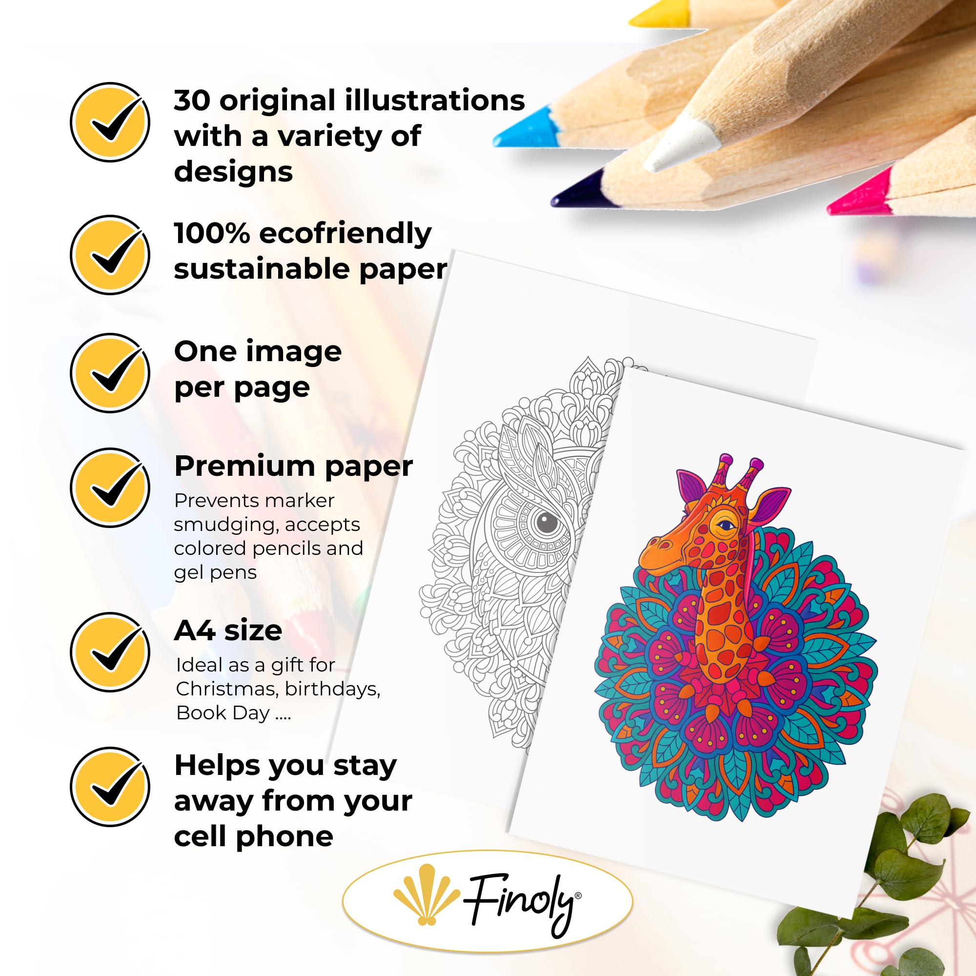 Finoly Mandala Colouring Books for Adults Does Not Bleed Ink, Day Adult Animals, A4 - Image 3