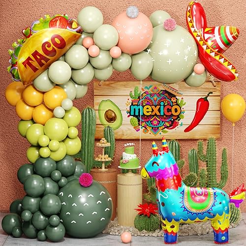Winrayk Kit de arco de guirnalda de globos de fiesta del Cinco de Mayo, decoración de fiesta mexicana, sombrero de taco, llama, globos de papel de