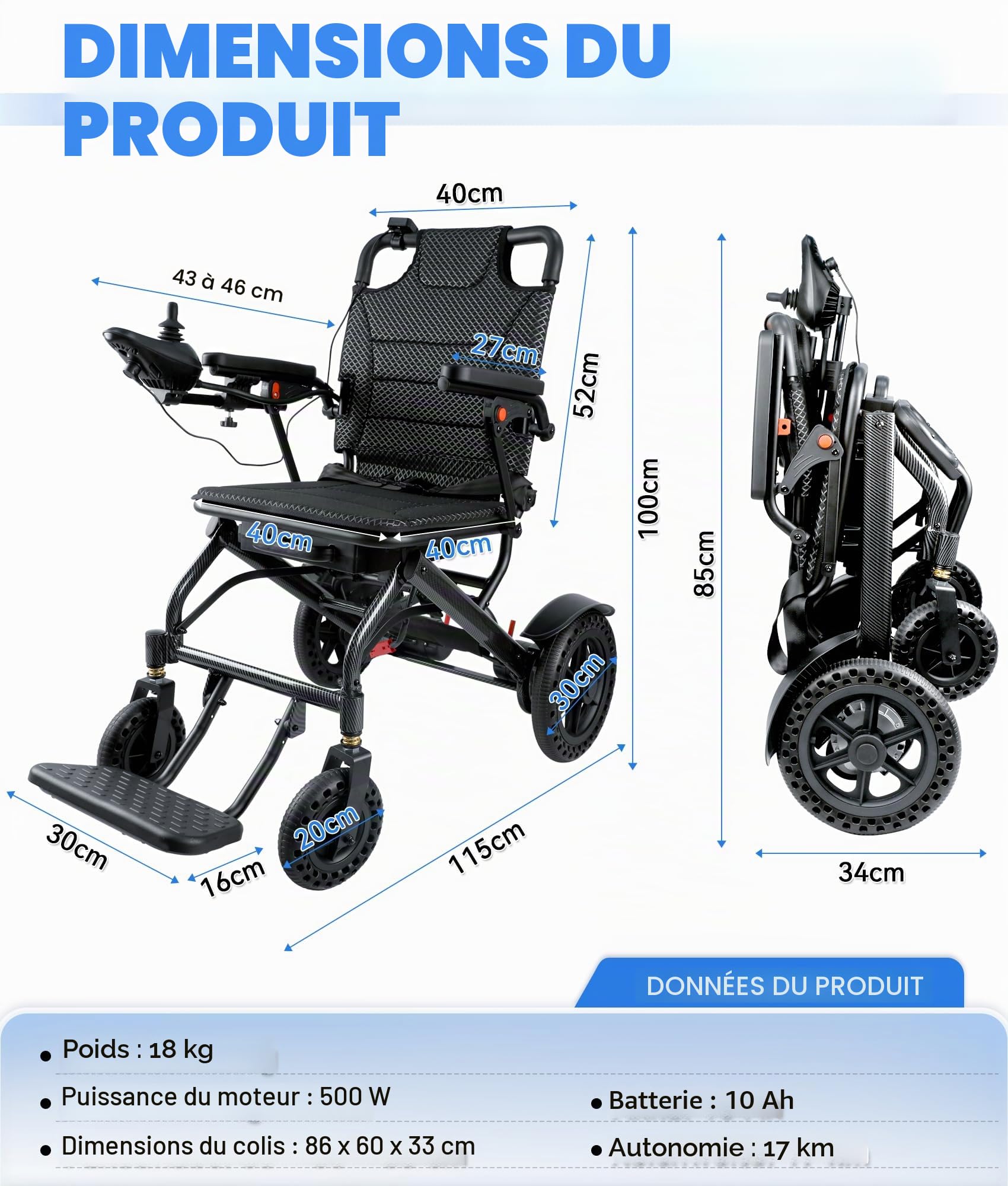 Fauteuil Roulant Électrique Pliable, 170KG Capacité de Charge, Fauteuil Roulant Électrique Léger avec Double Commande & Moteur 500W & Frein Électromagnétique pour Personnes Âgées (Noir)