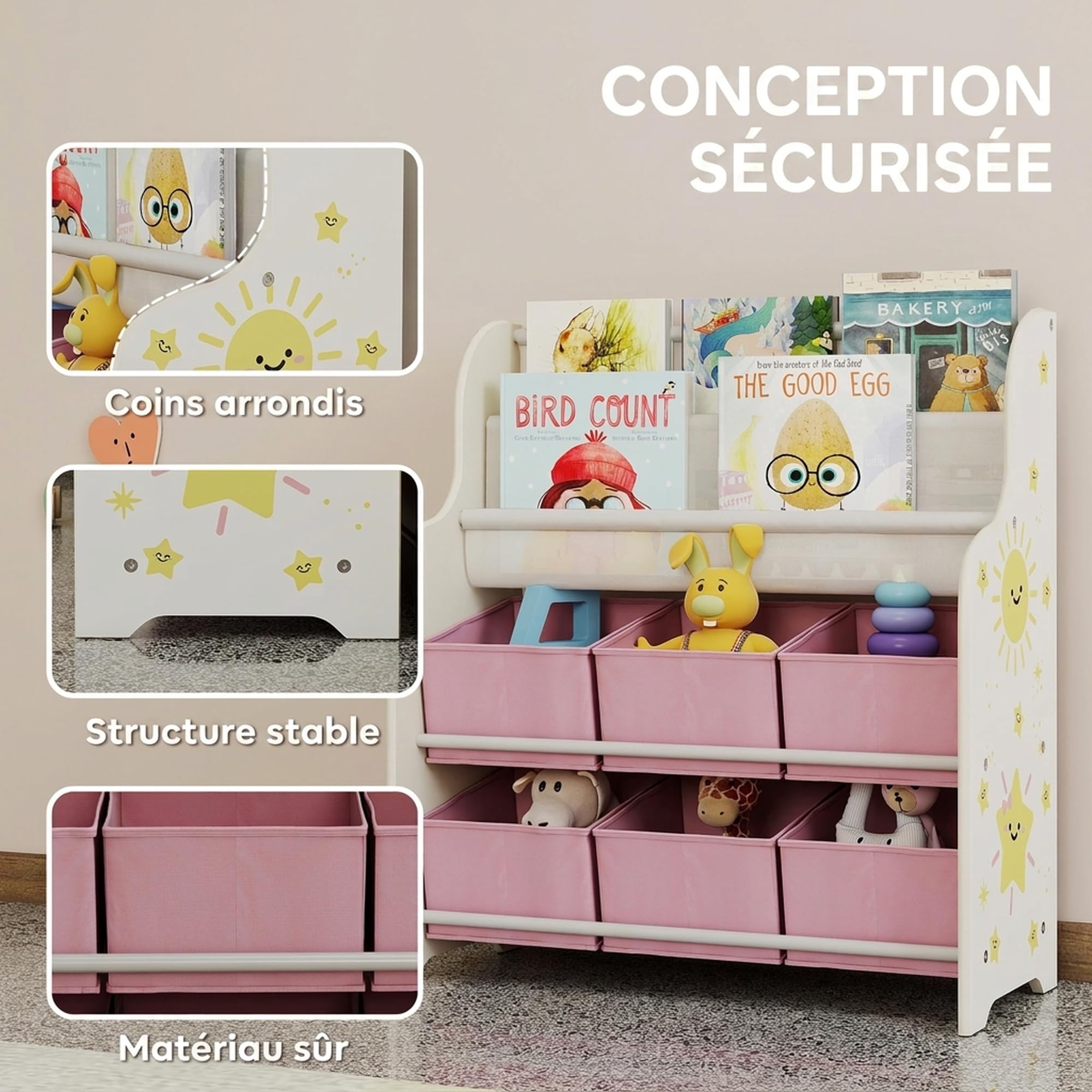 AIYAPLAY Meuble Rangement Enfant 6 Tiroirs en Tissu 63x30x71cm Rose