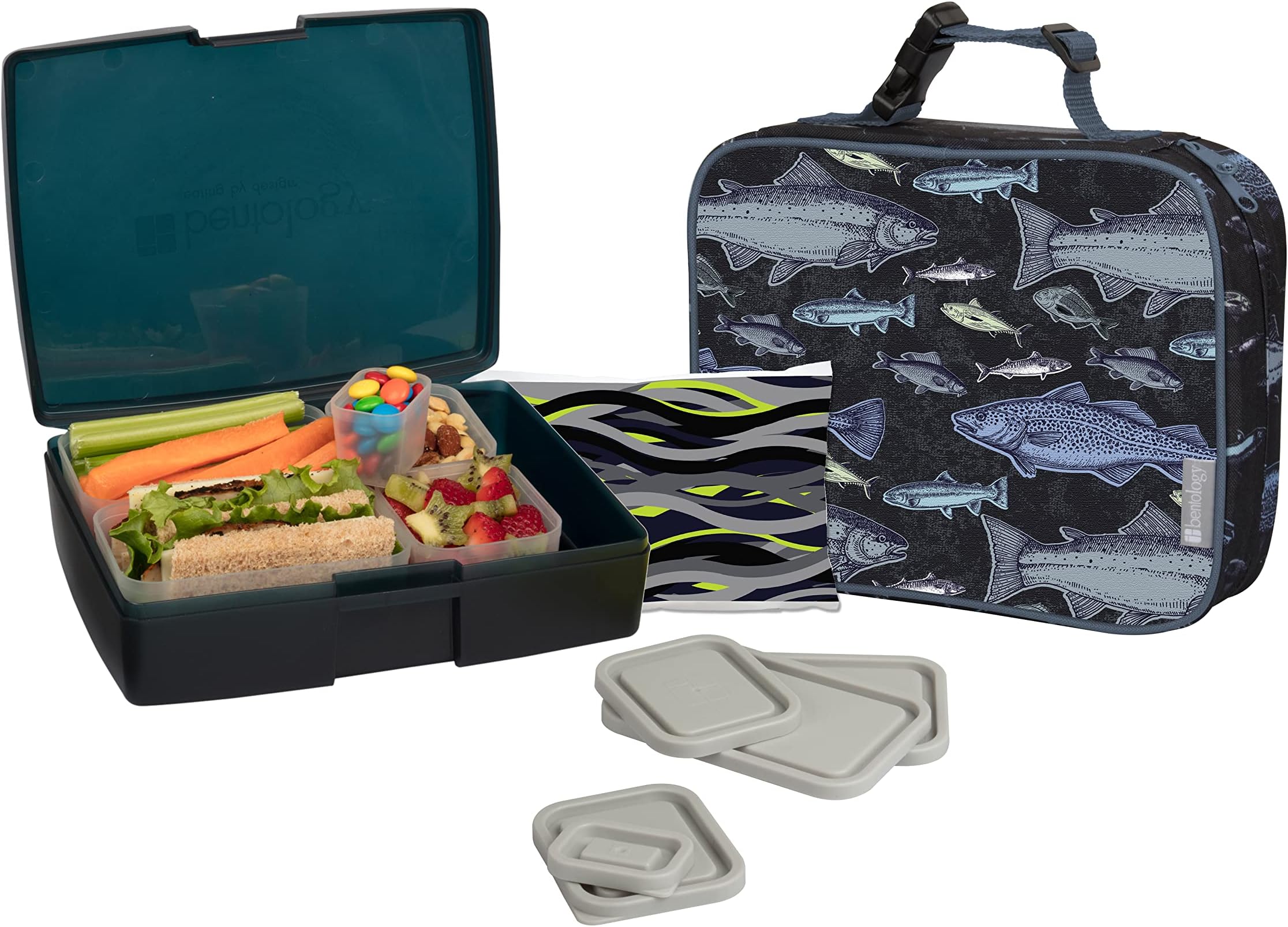 BentologyLunch Bag and Box Set for Kids - Boys Insulated Lunchbox Tote, Bento Box, 5 Containers and Ice Pack - 9 Pieces - Fish