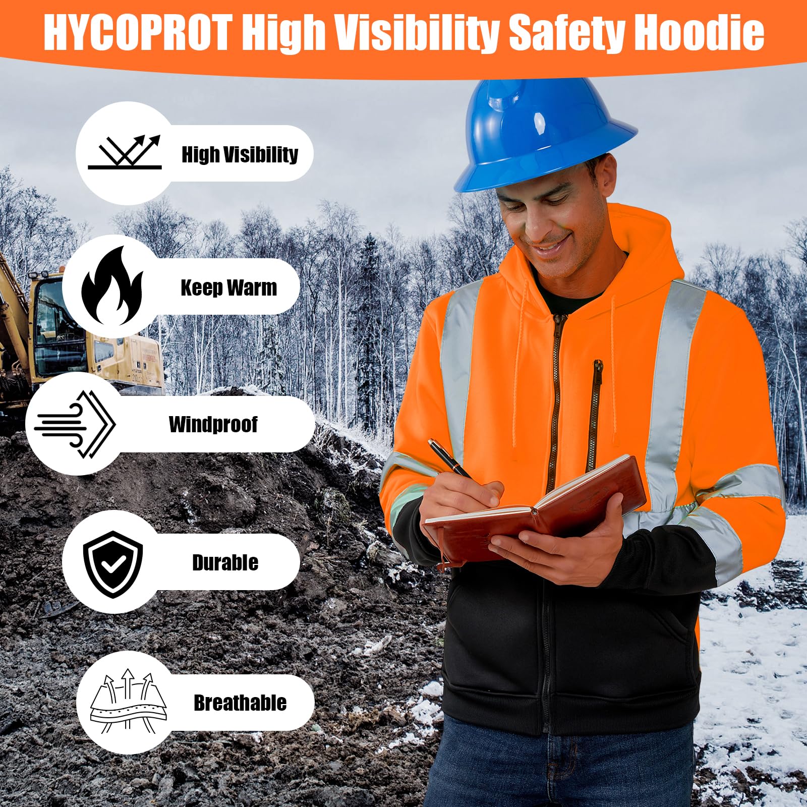 HYCOPROT Felpa ad Alta visibilità per Uomo Hi Vis Viz Felpa con Cappuccio di Sicurezza Felpa Leggera Giacca da Lavoro Riflettente Tasche Cappotto di Sicurezza con Cerniera e Coulisse EN ISO 20471