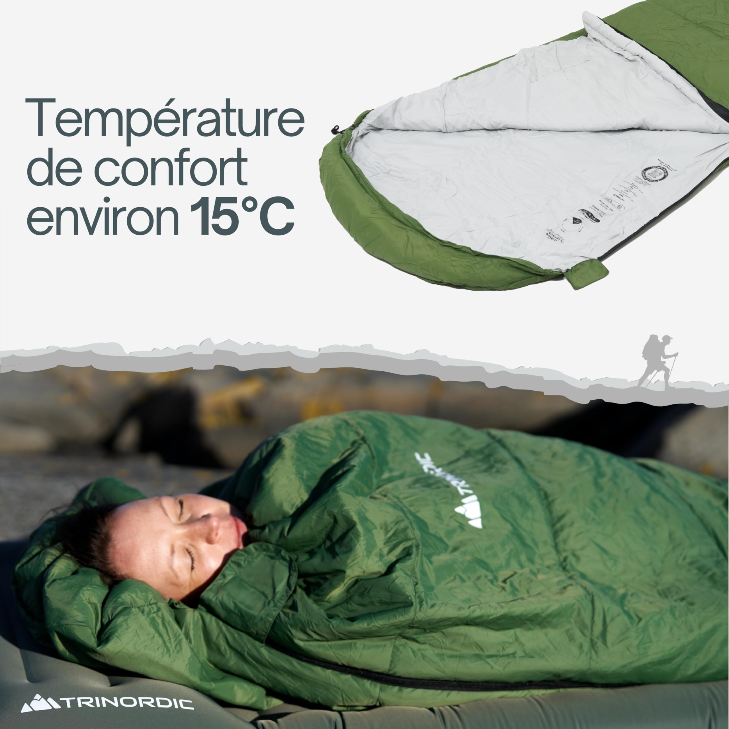 Trinordic Sac de Couchage Léger – 900g, Extra Long avec Fermeture Éclair Anti-Blocage – Sac de Couchage Adulte d'Été, Compact et Ultraléger pour la Randonnée, Les Aventures à Vélo