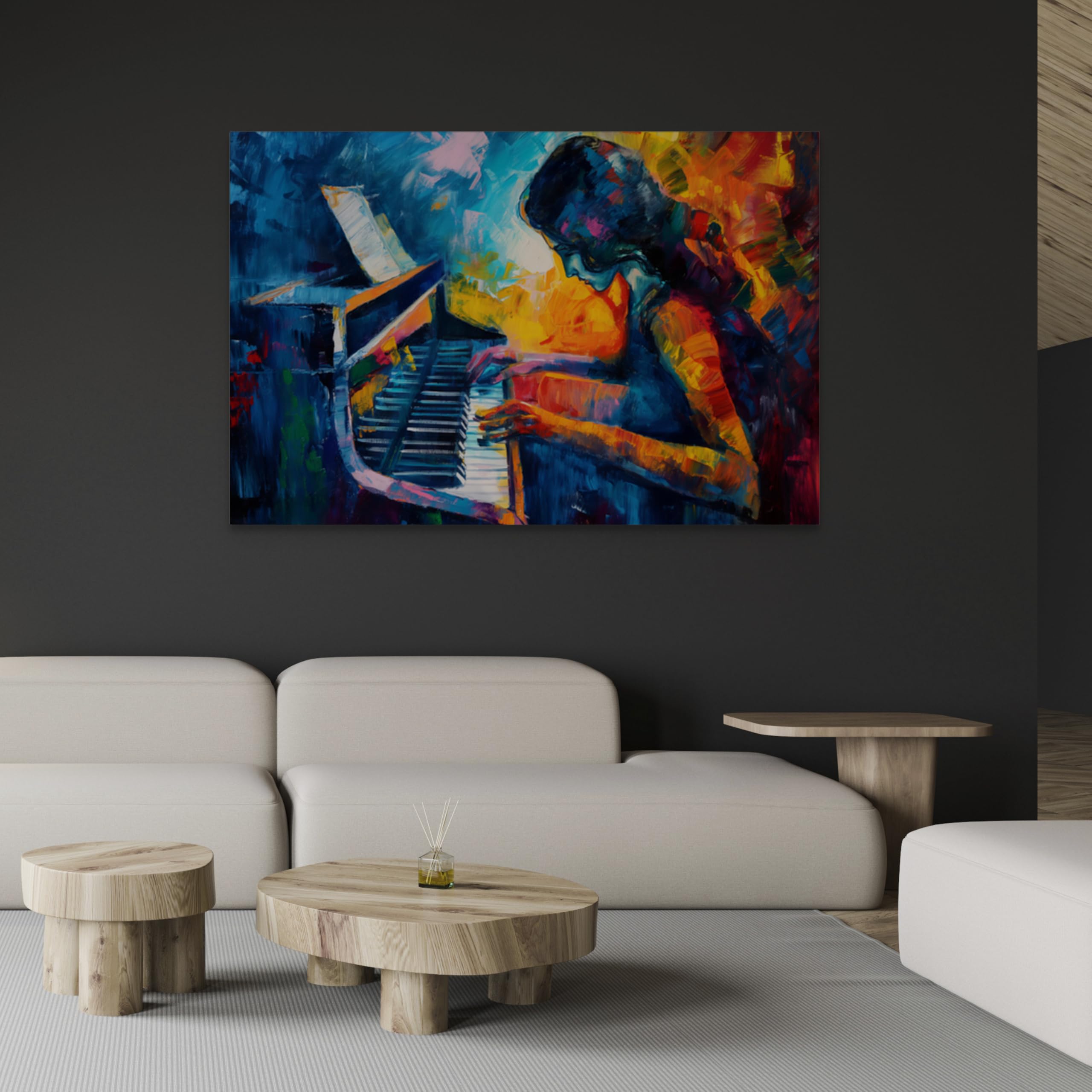 WALLERO Cuadro en lienzo Pianista piano expresionismo – Decoración de pared moderna e impresión artística | Cuadro para salón dormitorio cocina recibidor 50x75 cm