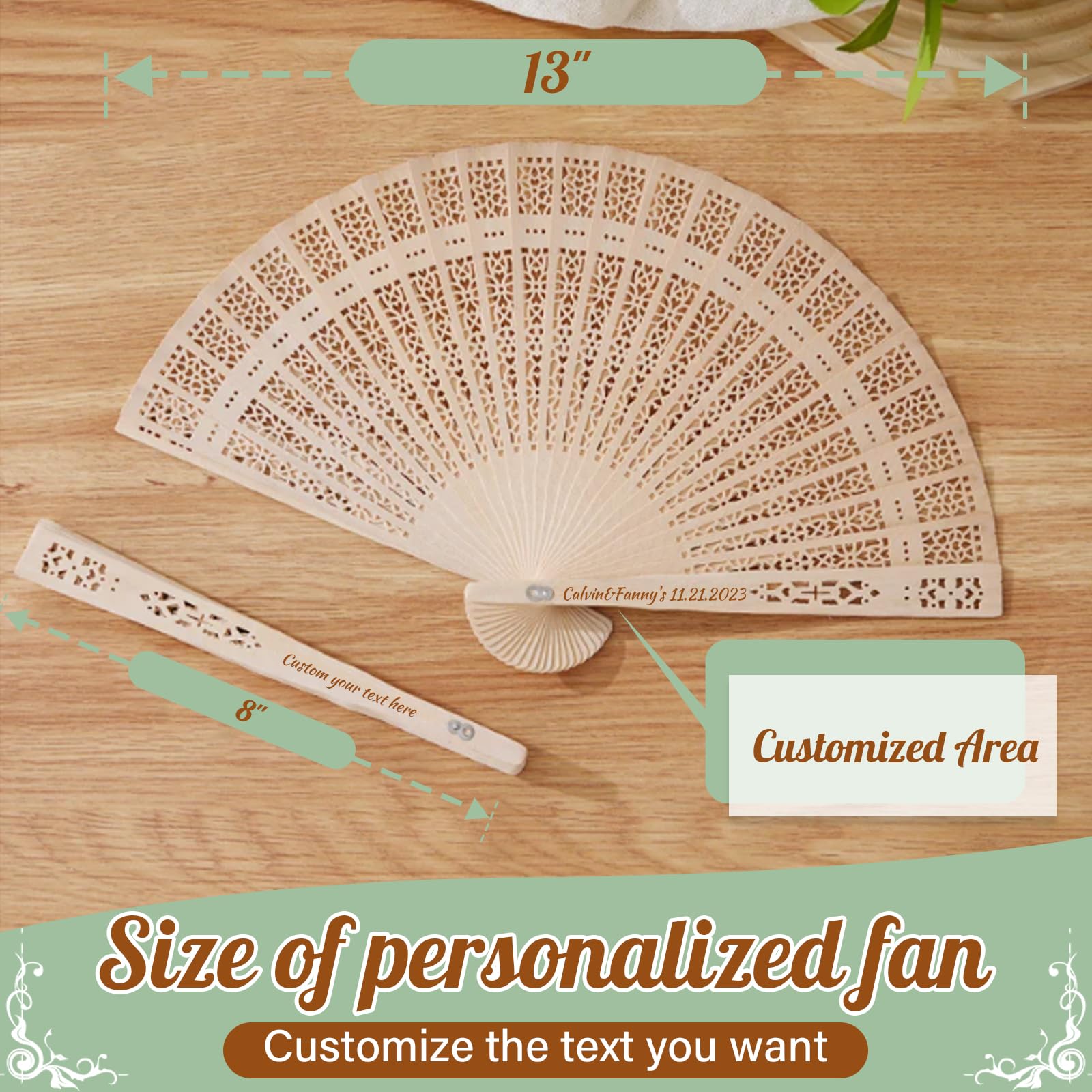 JUBOPE Personalized Folding Hand Fans Custom Sandalwood Wedding Fans,Wooden Party Favor Bridal Shower Gifts Wedding Fans for Guests 1/20/30/50/100Pcs (30)