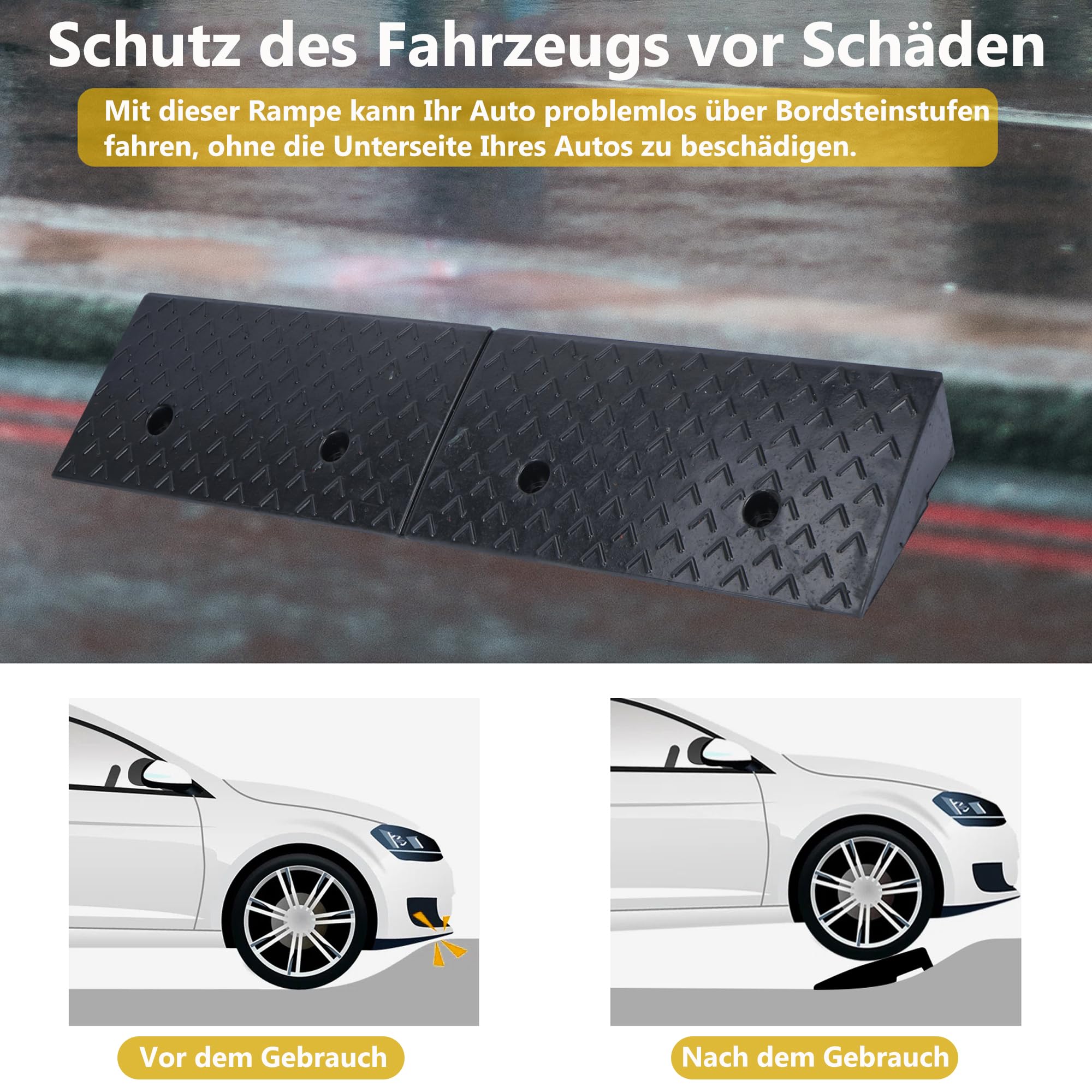 Rampa de goma para bordillos de 5 cm, rampa de umbral de puerta, rampa de acceso 100 x 25 x 5 cm, rampa para coche o moto, silla de ruedas, rampa de goma con kit de fijación