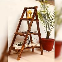 WoodRon Brand - Multipurpose 3-Tier Foldable Classy Pinewood 3-feet Ladder Shelf | Plant Stand | Indoor Flower Pot Stand...