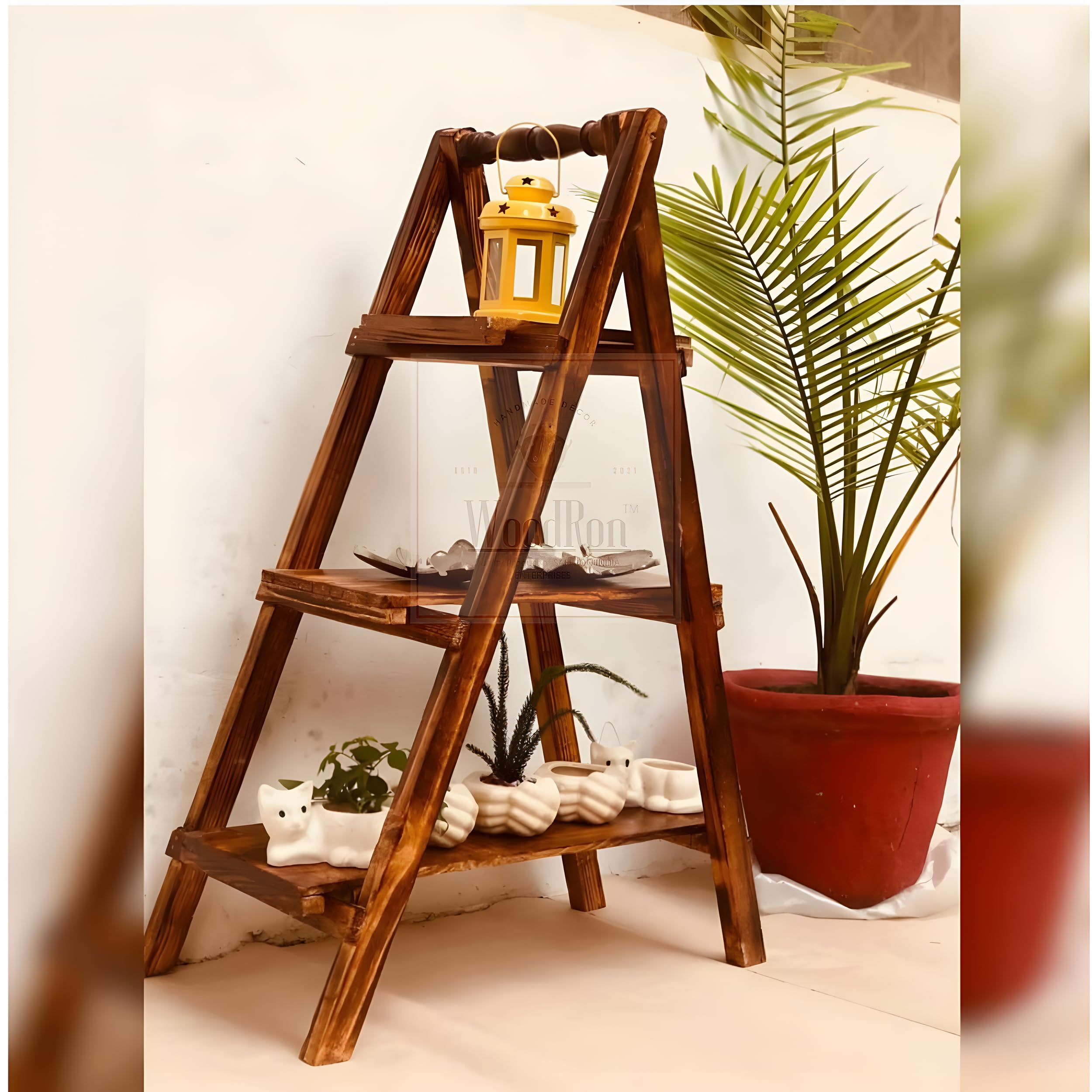 WoodRon Brand - Multipurpose 3-Tier Foldable Classy Pinewood 3-feet Ladder Shelf | Plant Stand | Indoor Flower Pot Stand | Bookcase Storage Rack | Display Shelf For Home Decor, Tiered Shelf