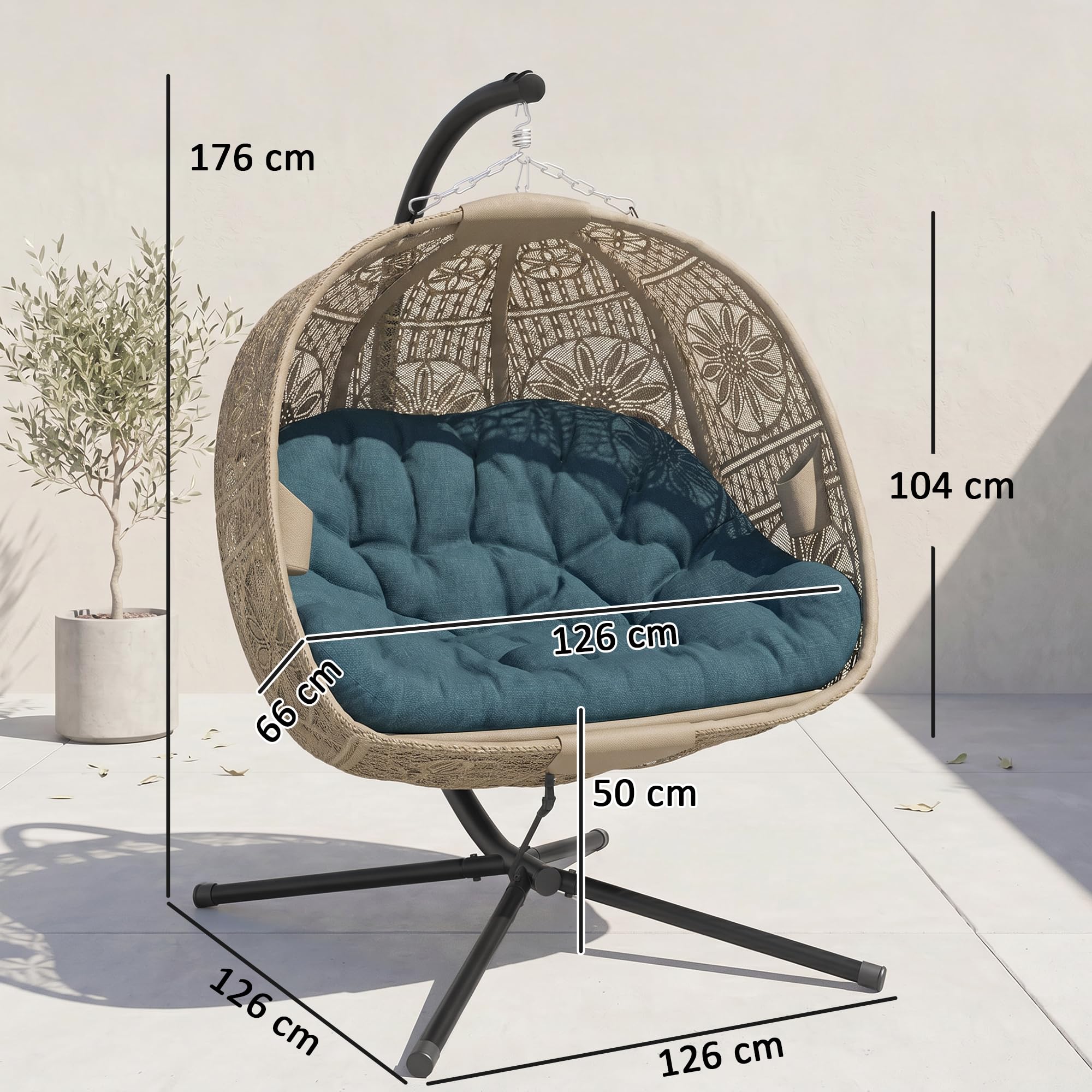 Outsunny Hängesessel mit Gestell, Eiförmiger Hängeschaukel mit abnehmbarem waschbarem Kissen, Hängematte für 2 Personen, Schaukelsessel Indoor Outdoor, Sand+Schwarz