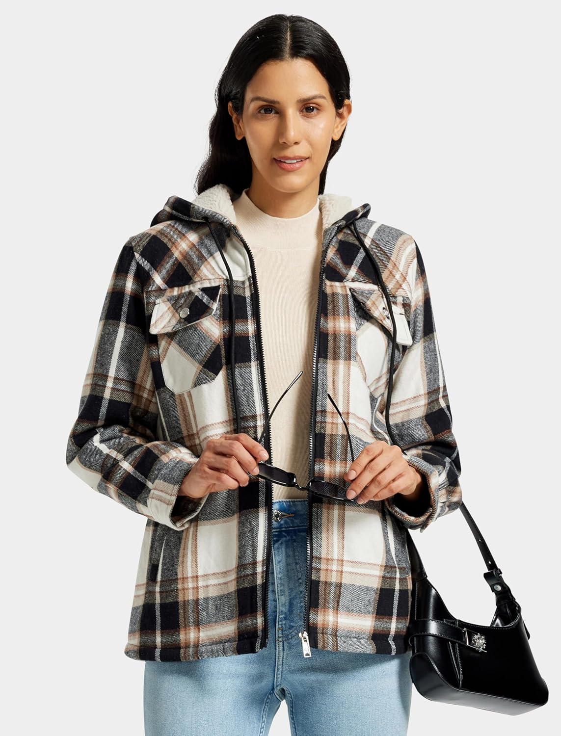 MoFiz Women's Fleece Zip Up Hoodie Flannel Plaid Hoodie Winter Warm Casual Sweatshirts With Pocket - Image 4