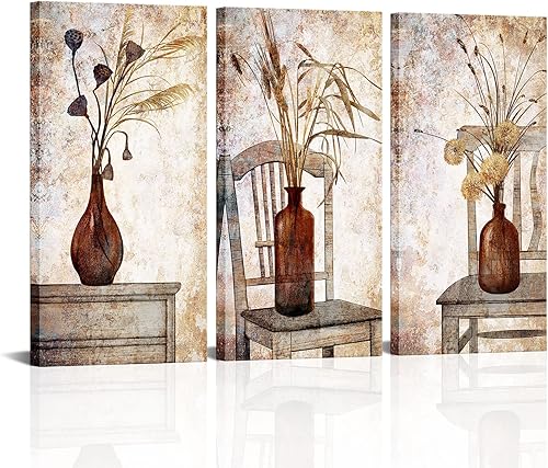 iHAPPYWALL Arte de pared rústico de granja, florero marrón vintage floral botánico en silla, imagen de naturaleza muerta para cocina, dormitorio,