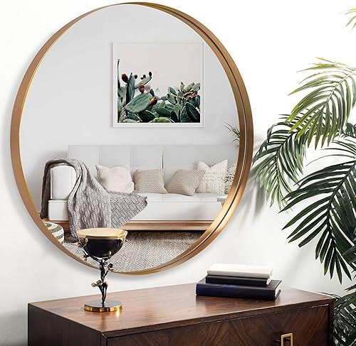 Miniatura 7 de NeuType Espejo redondo de 36 pulgadas para pared, espejo de baño dorado para espejos redondos de pared para baño, marco mental montado en la pared,
