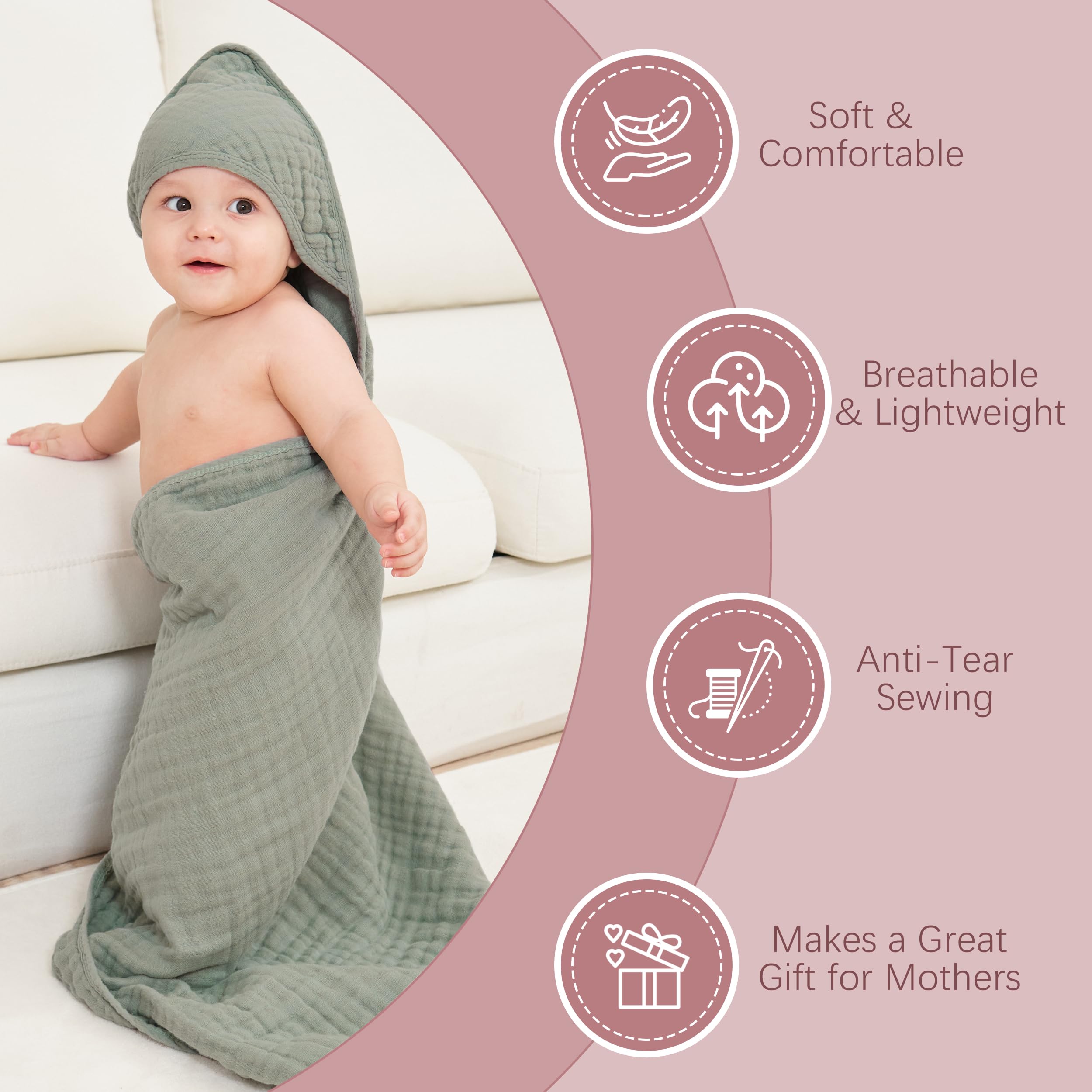 MOON PARK Paquete de 2 toallas de baño de muselina con capucha para recién nacidos, bebés y niños pequeños, 100 % algodón, tamaño grande de 32 x 32 pulgadas, altamente absorbentes y esenciales, color