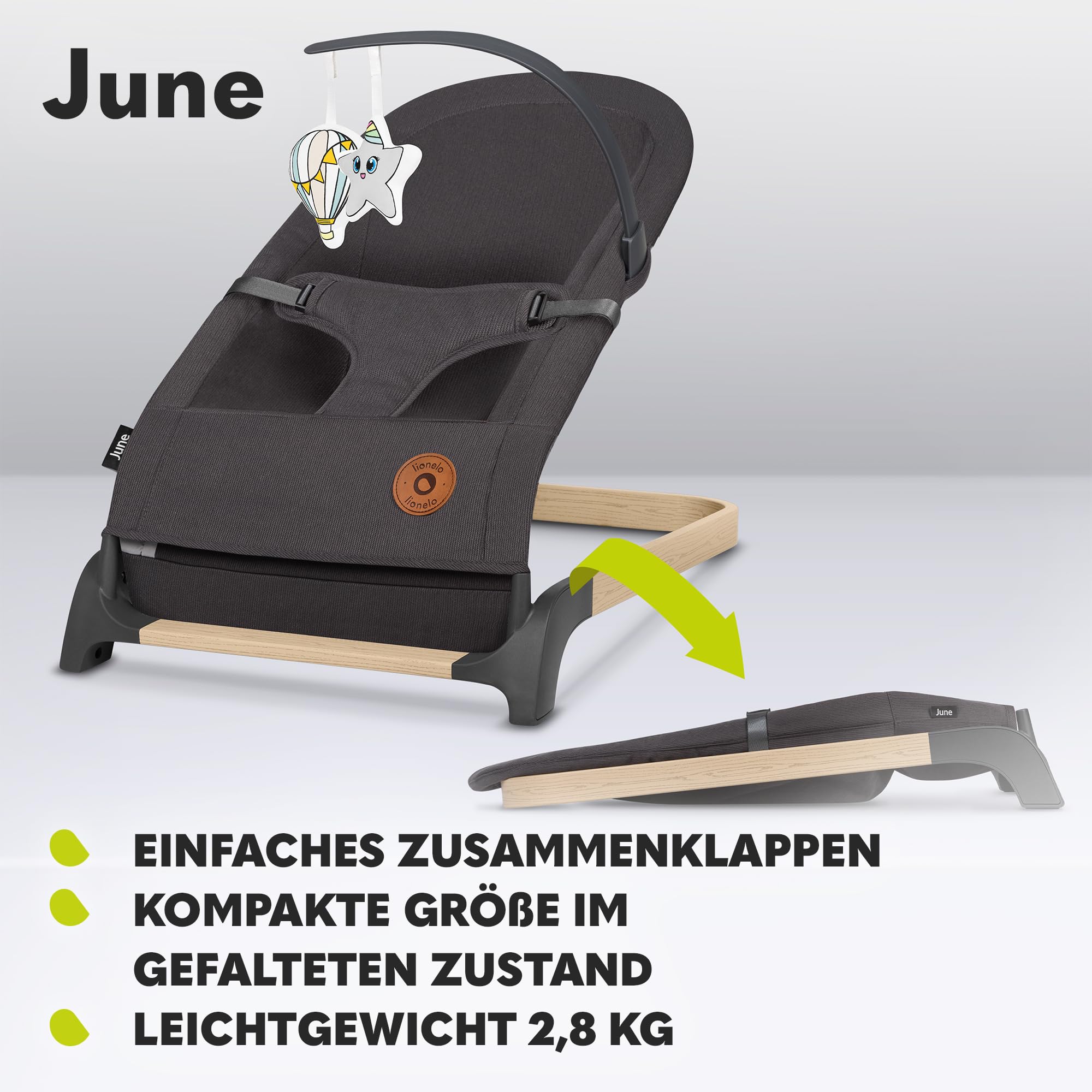LIONELO June Babywippe, ab den ersten Lebenstagen bis zu 9kg | atmungsaktives Material, optimale Luftzirkulation, leicht, stabil, rutschfest, Sicherheitsgurte, zusammenklappbare Babywippe