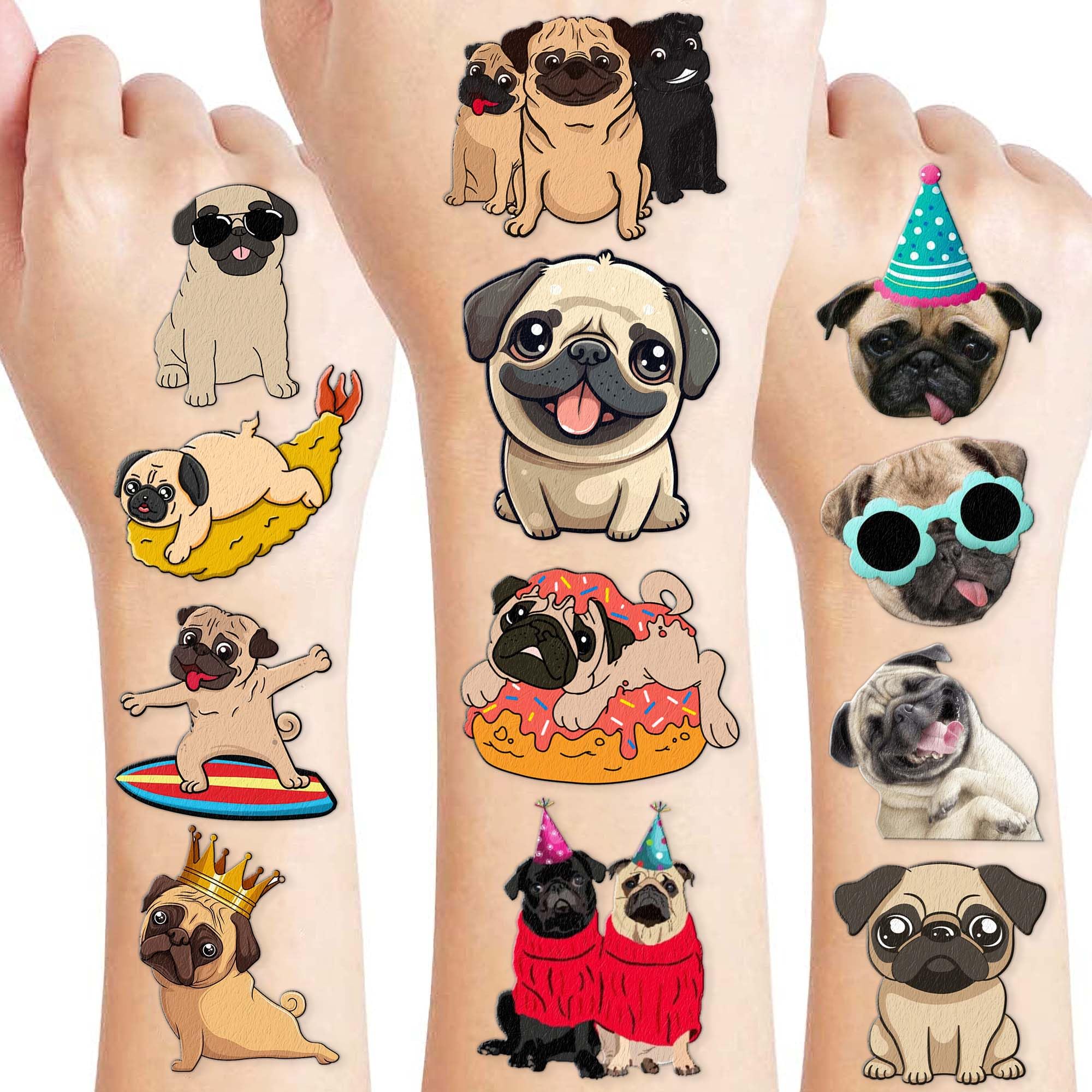 96 PCS Pug Pre-Cut Temporary Tattoos – Cute Dog Puppy Stickers for Kids, Birthday Party Favors, Decorations, Supplies, Gifts for Girls Boys, Classroom