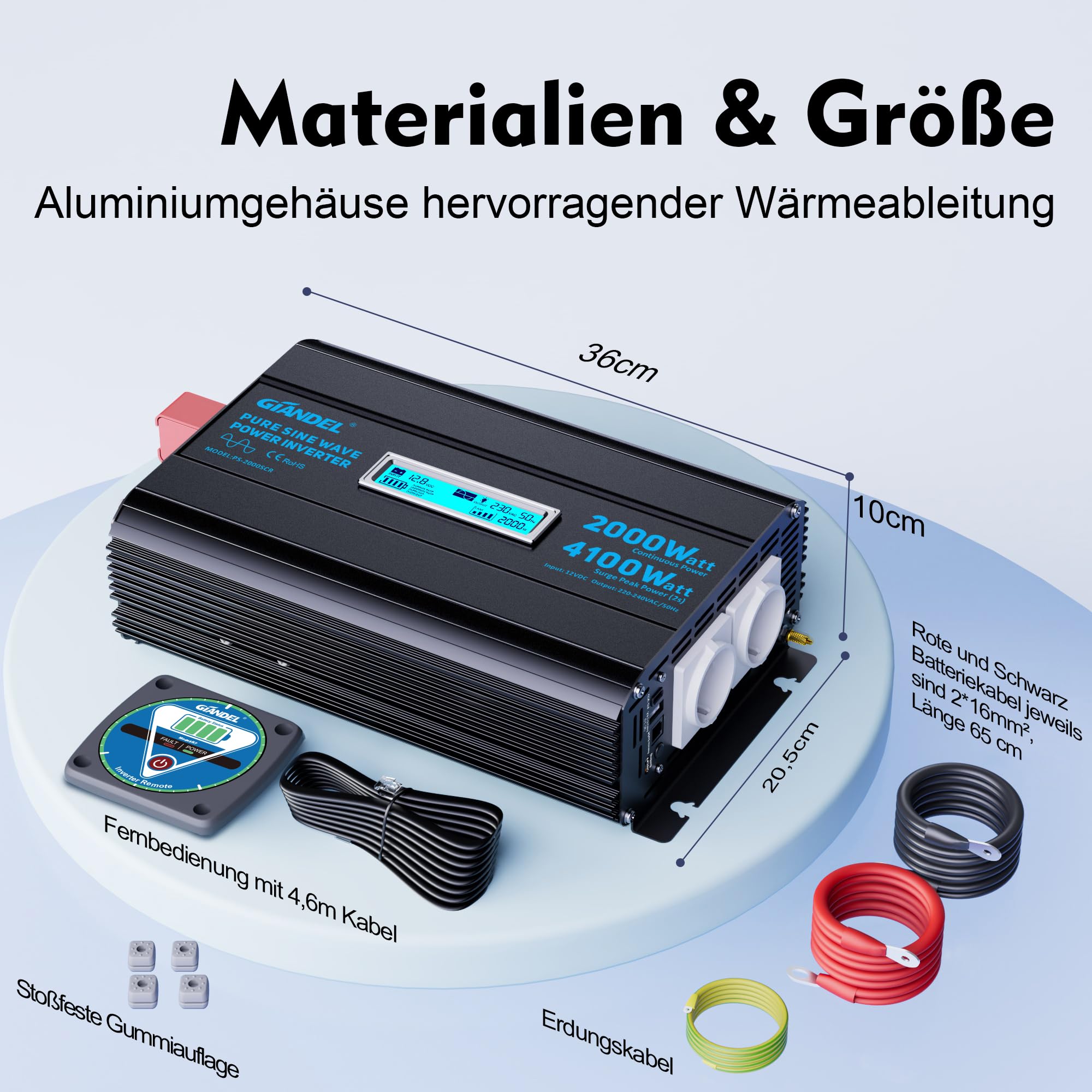 GIANDEL 2000W Wechselrichter 12V auf 230V Reiner Sinus Spannungswandler mit Einstellbar Unterspannungsabschaltung Power Inverter mit Fernbedienung und USB-C PD 36W für Wohnmobil Camping Wohnwagen