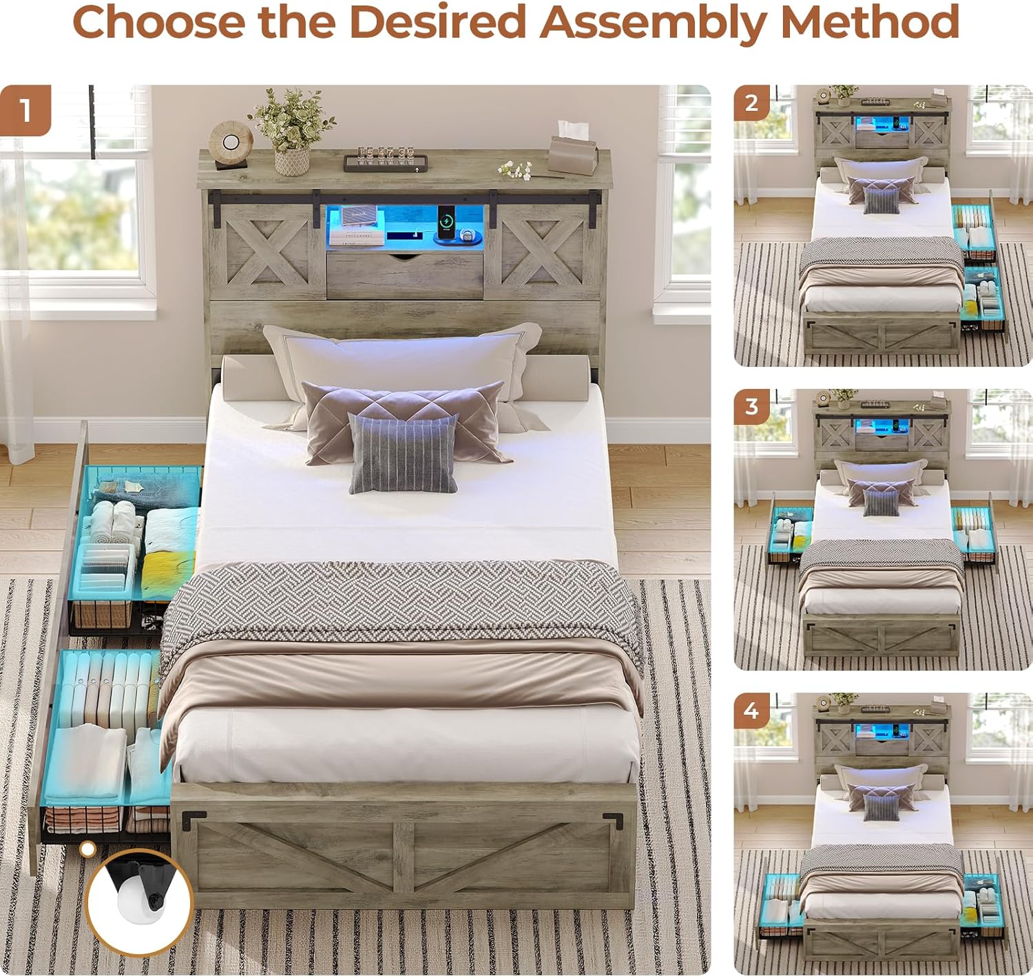 Hasuit Farmhouse Bed Frame Twin XL Size with 2 Storage Drawers, Wooden Platform Twin XL Bed with LED Lights and Charging Station, Rustic Headboard with Sliding Barn Door Storage Cabinets (Rustic Oak)