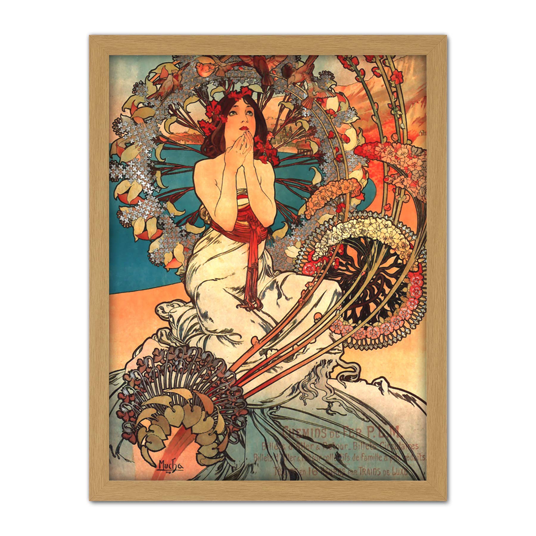 Wee Blue Coo Mucha Art Nouveau Woman Floral Artwork Framed Wall Art Print 18X24 Inch