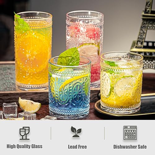 Miniatura 5 de Vasos para beber vintage, juego de 8 vasos de vidrio hechos a mano, 4 vasos altos de 15 onzas y 4 vasos de 13 onzas, tazas de mojito, vasos de