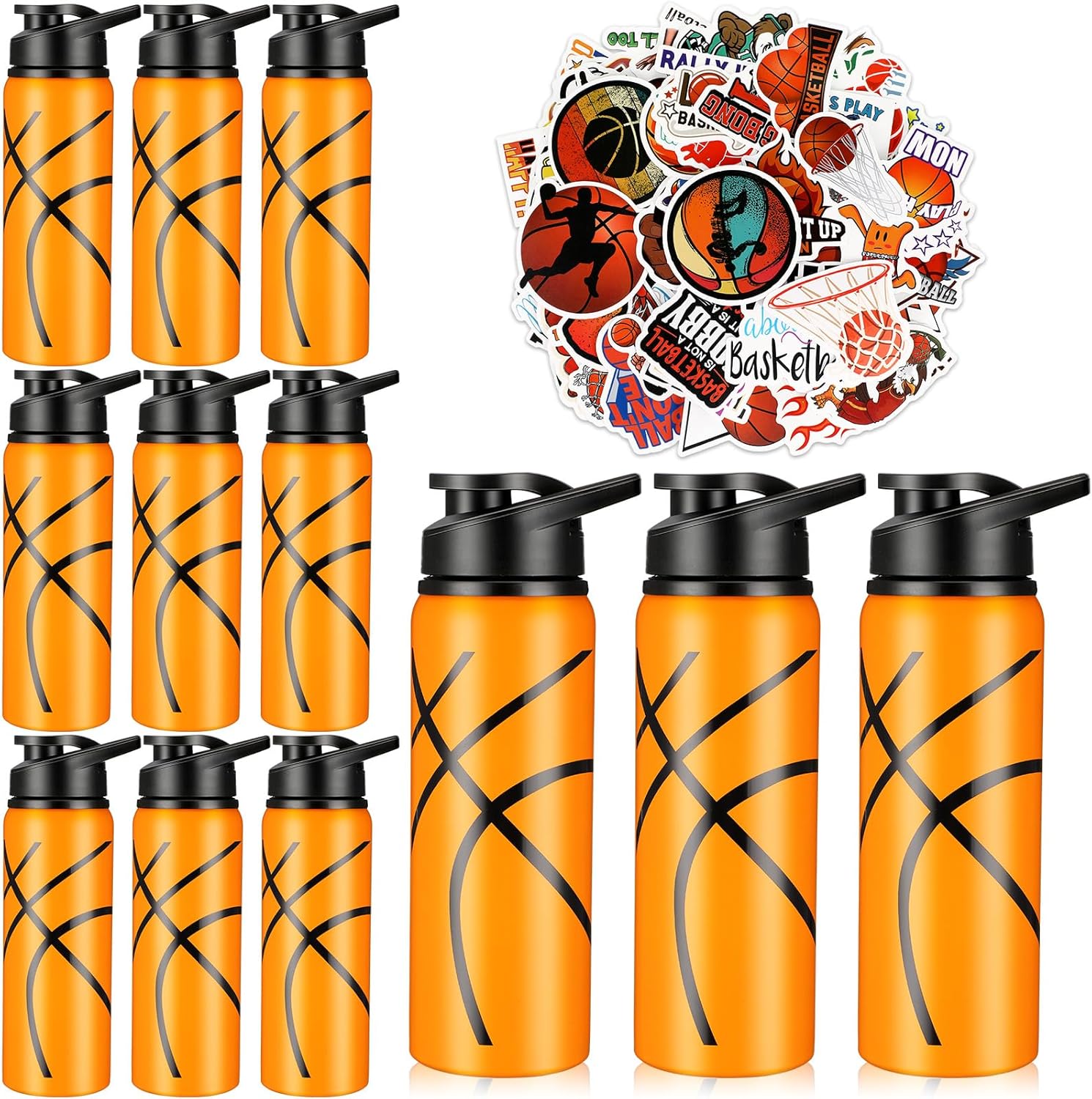 Gerrii 12 Pcs Water Bottles Water Bottles Bulk 20 oz Snap Lid Reusable Bottles 100 Pcs Stickers Helmet Award Decals Gift Stuff(Stainless Steel, Basketball Style)