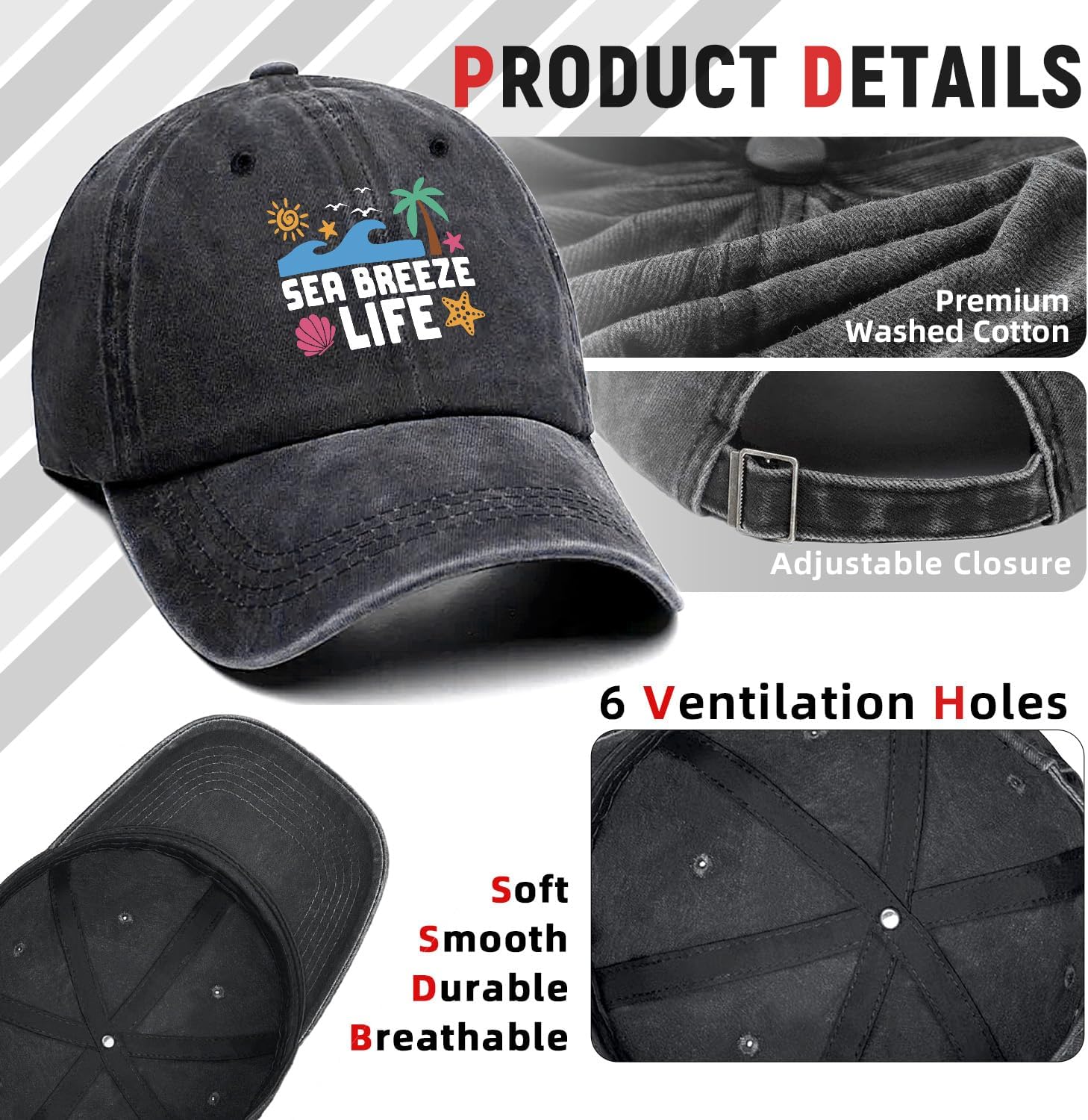 Sea Breeze Life Funny Printed Cotton Baseball Cap Adjustable Retro Washed Lightweight and Breathable Unisex Outdoor Sport Sun Hat, Gifts for beach lovers, Retirees Man Woman Friend Coworker family