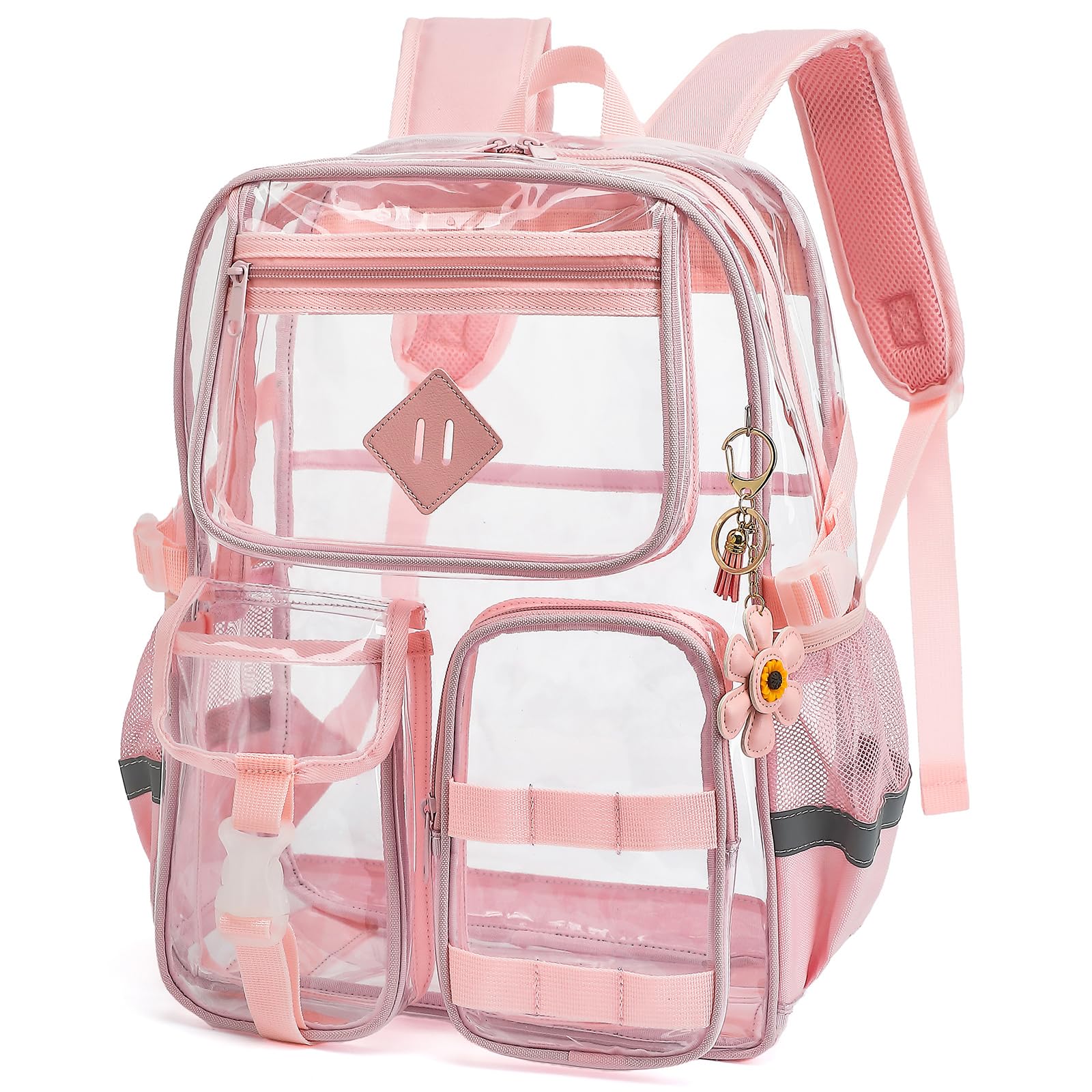 Xunteny Clear Backpack for School, Heavy Duty Transparent Bookbag for Girls Women with Sunflower Keychain