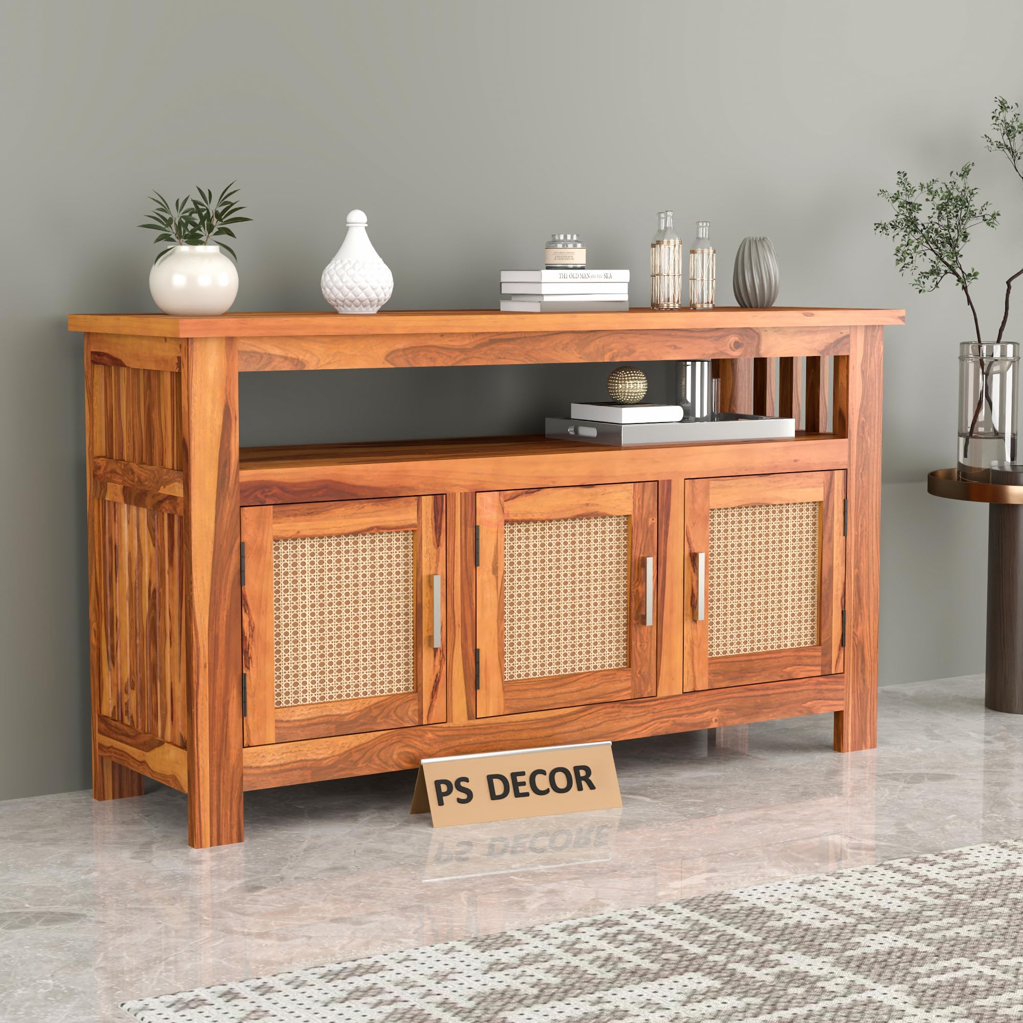 PS DECOR Sheesham Wood Kitchen Cabinet with Cane Woven Doors | Solid Wood Storage Sideboard with Open Shelf & 3 Door Cabinet | Rosewood Storage Cabinet for Living Room (Honey Finish)