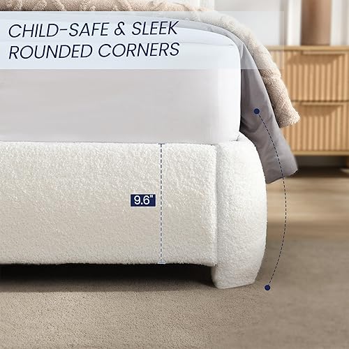 Miniatura 4 de Flolinda Base de cama tapizada de tamaño matrimonial con cabecera ajustable, plataforma moderna con listones de madera de tela Boucle, perfil bajo,