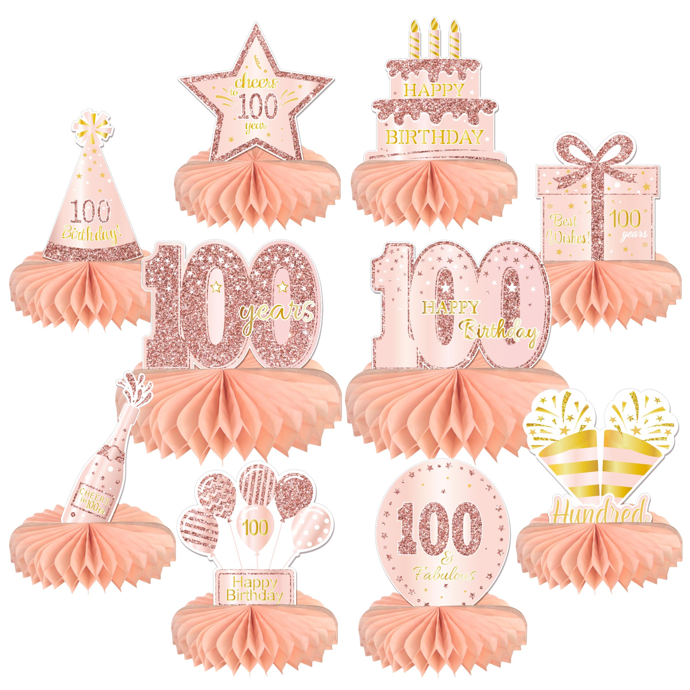 10PCS 100th Birthday Decorations Centerpieces for Table Decorations,Rose Gold Pink Happy 100th Birthday Honeycomb Table Topper Birthday Party