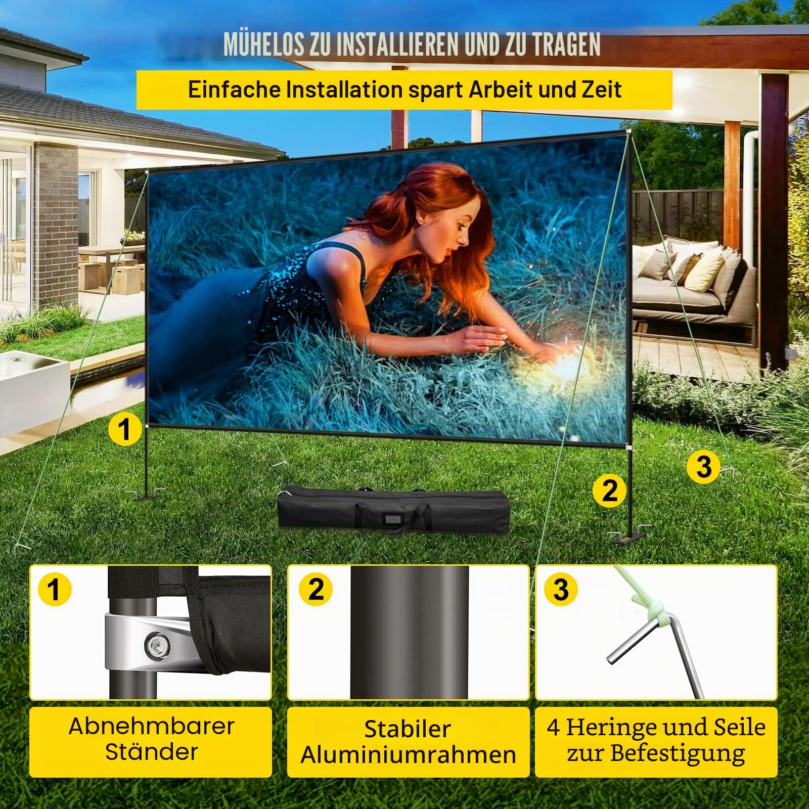 VEVOR Projektion Leinwand mit Stand 381 cm(150") Tragbare Filmleinwand 16:9 Projector Screen 347x201,9cm Mobile Beamer Leinwand 160° Betrachtungswinkel Geeignet für Heimkino Camping, Schwarz