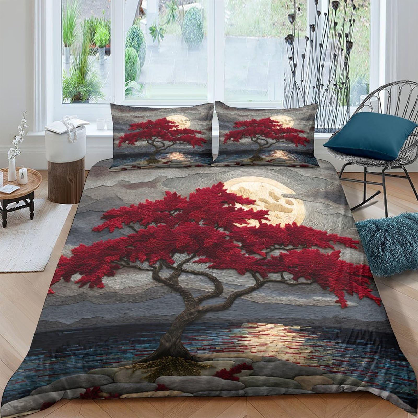 Ctjqhvkz Style-6 3D Printed Red Maple Sunset Fitted Sheet Microfiber Soft Artistic Landscape Bed Cover For Bedroom Home Decor Protection Single（135X200cm）