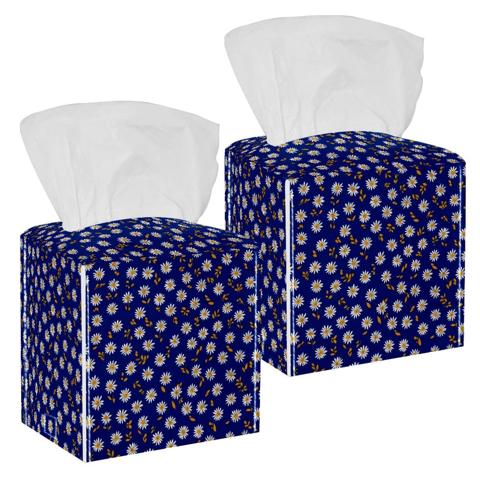 Daisy Tissue Box Cover, 2 Pack PU Leather Square Facial Tissue Dispenser Box holder for Home Office Car