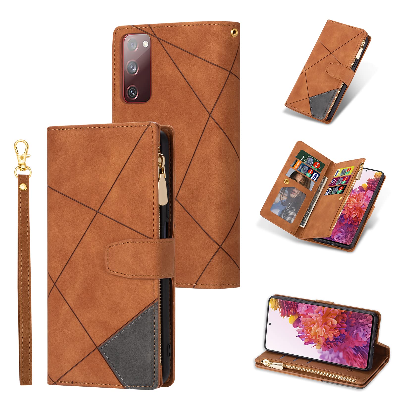 UEEBAI Hülle für Samsung Galaxy S20 FE 5G, Retro Reißverschluss Handyhülle PU Leder Klapphülle Silikon Bumper mit 9 Kartenfächer Standfunktion Geldbörse Trageband Schutzhülle Wallet Case - Braun