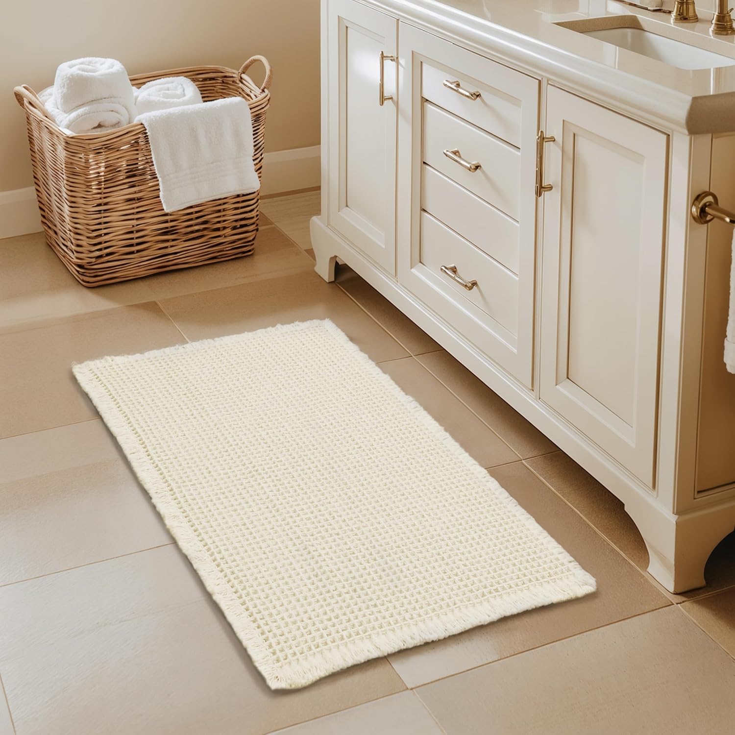 SUBRTEX Waffle Braided Bath Mat, 20" x 32" Soft Waffle Bath Rugs, Absorbent Non Slip Bathrooom Mats, Machine Washable Area Rug for Bathroom, Quick Dry, White White Waffle 20"x 32"