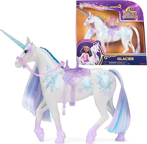 Unicorn Academy, Glaciar Power of Friendship con silla y brida translúcidas, 11 pulgadas, muñecas y juguetes de unicornio para niñas de 4 años en