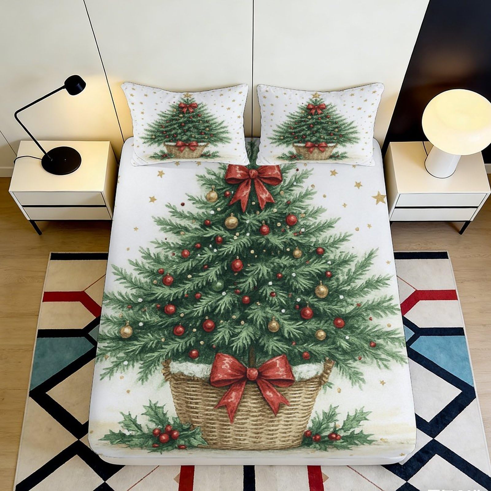 3D Printed Christmas Tree Fitted Sheet Microfiber Soft White Red Bow Mattress Cover for Bedroom Guestroom Dorm Mattress Decor 90x200x25cm