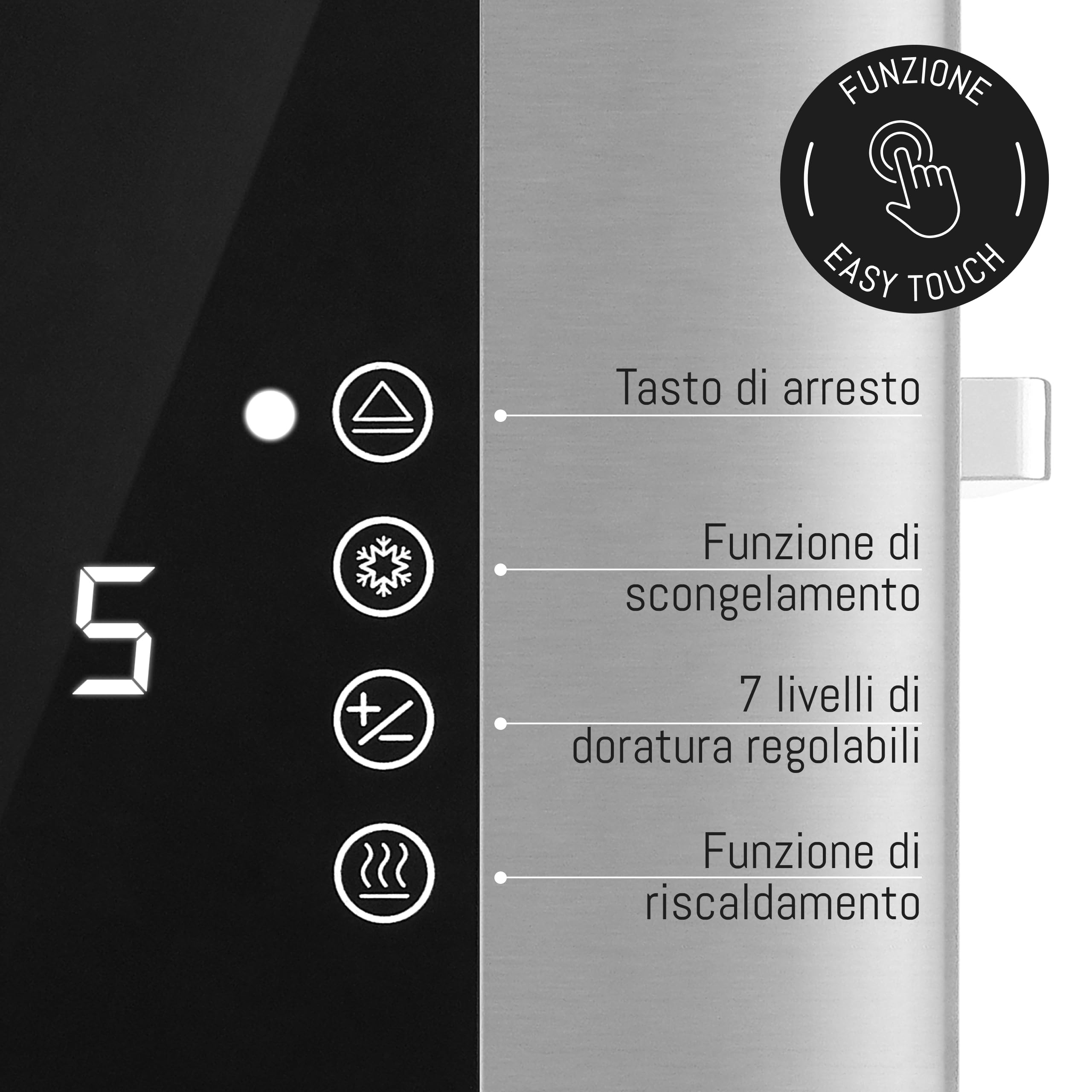LEBENLANG Tostapane con pinze in acciaio inox 4 fette - LED touchscreen & 7 modalità I 1400W Tostapane per toast farciti toaster I Tosta pane pinze per toast 4 fette professionale