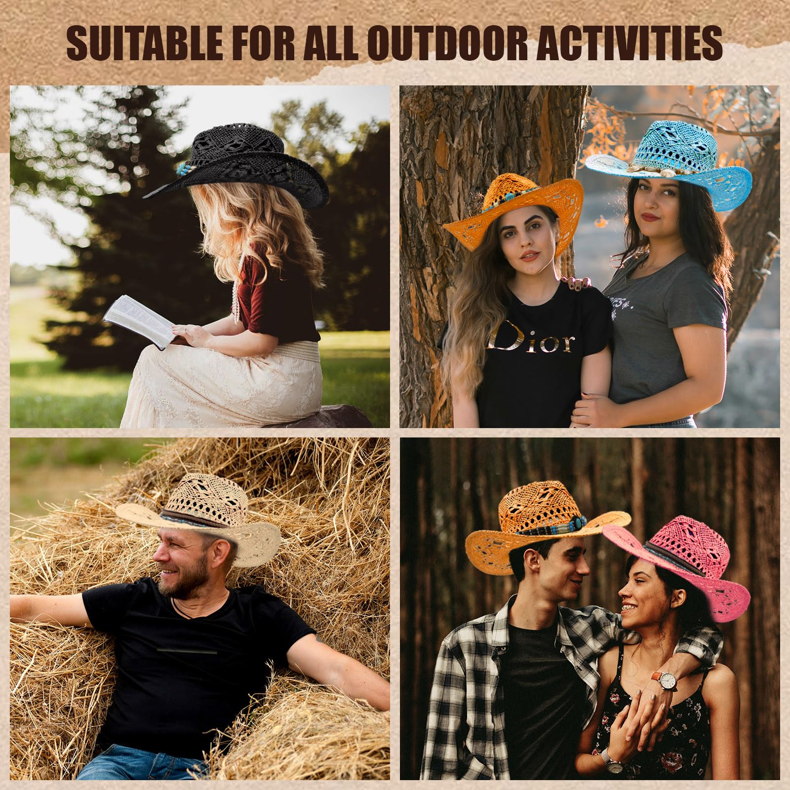 Lifup Cappello da Cowboy in Paglia con 4 Pezzi Cintura, Tesa Larga Anti-UV Cappello da Cowgirl Leggera per Donna Uomo