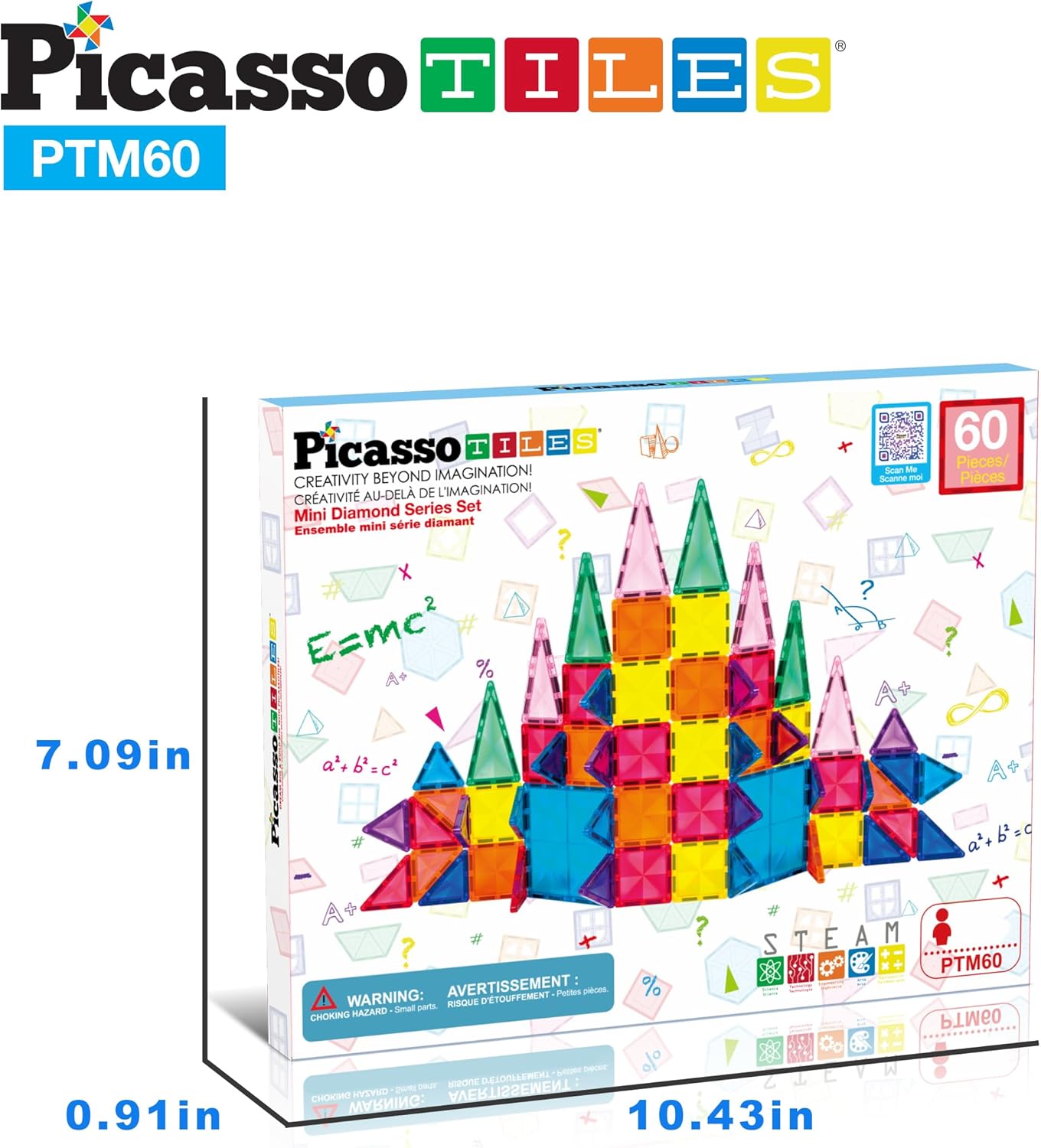 PicassoTiles 60PC Magnetic Mini Tiles + Carry Case: STEAM Educational Playset for Kids Includes Travel Storage Organizer - Fun Learning, Construction, Engineering, and Sensory Development Gift Idea